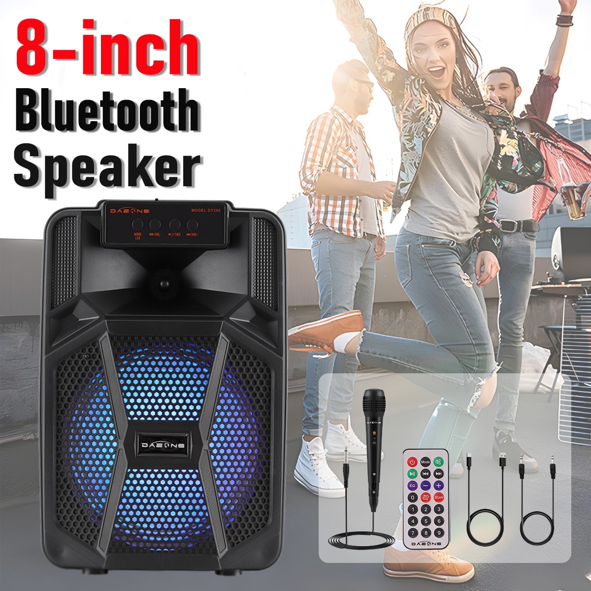 8'' Portable Bluetooth Party Speaker Heavy Bass DJ Sound System &1.5'' Tweeter