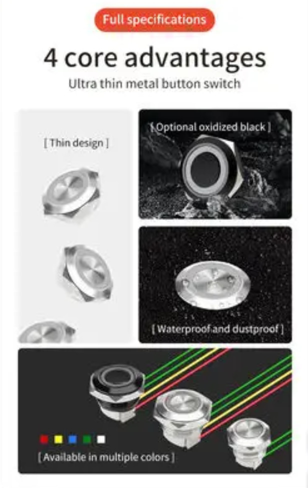 LED Push Button Switch 12-30mm Ultra Short Metal Waterproof Momentary Reset Wire