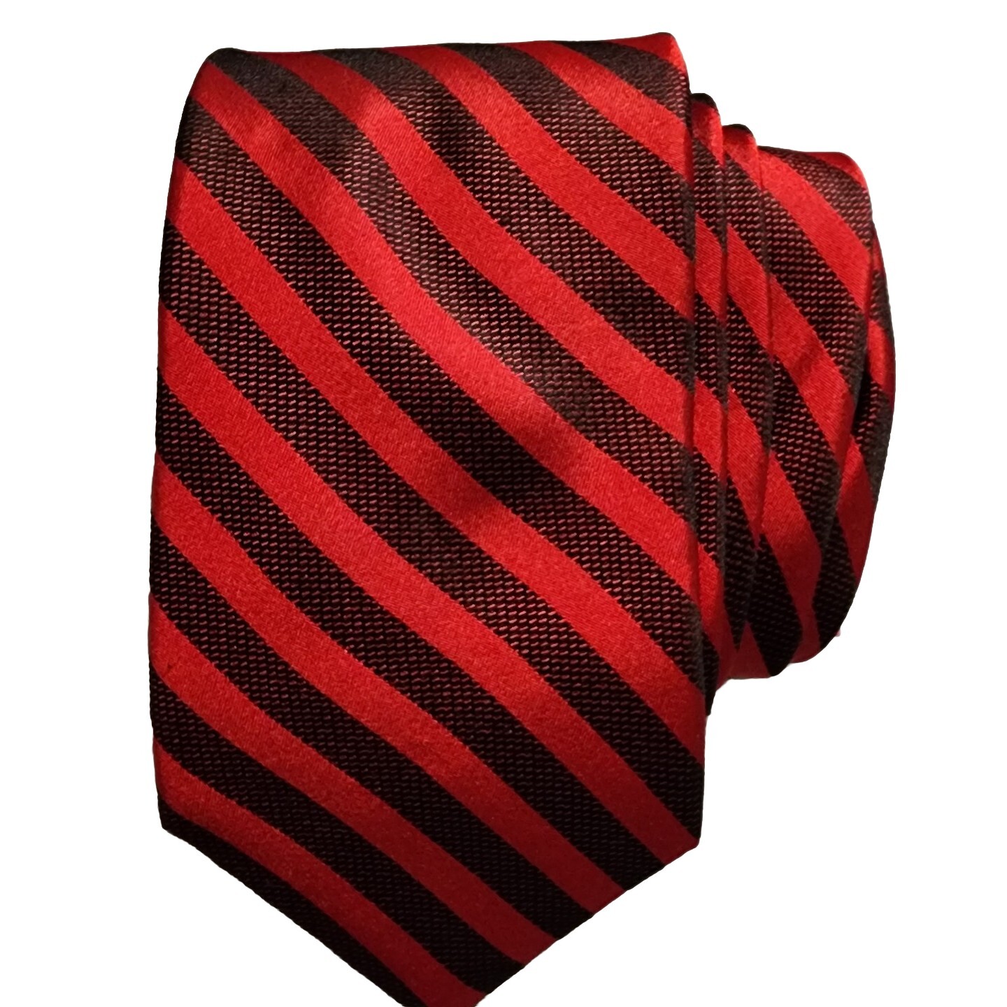 Calvin Klein Premium Mens Silk Necktie Red Black Diagonal Striped Woven Classic