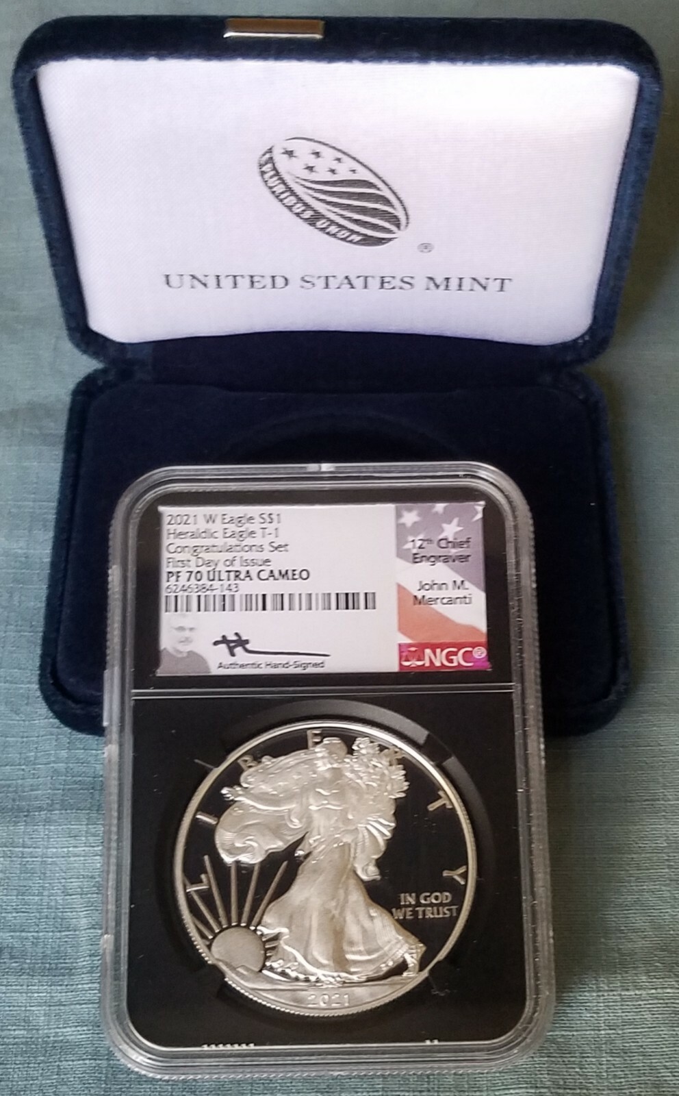 2021-W $1 Silver Eagle T1 CONGRATULATIONS SET PF70 FDOI Mercanti signed IN HAND
