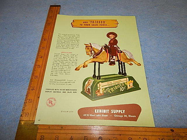 1954 Exhibit Supply Roy Roger's TRIGGER Horse Kiddie Ride Advertising Flyer