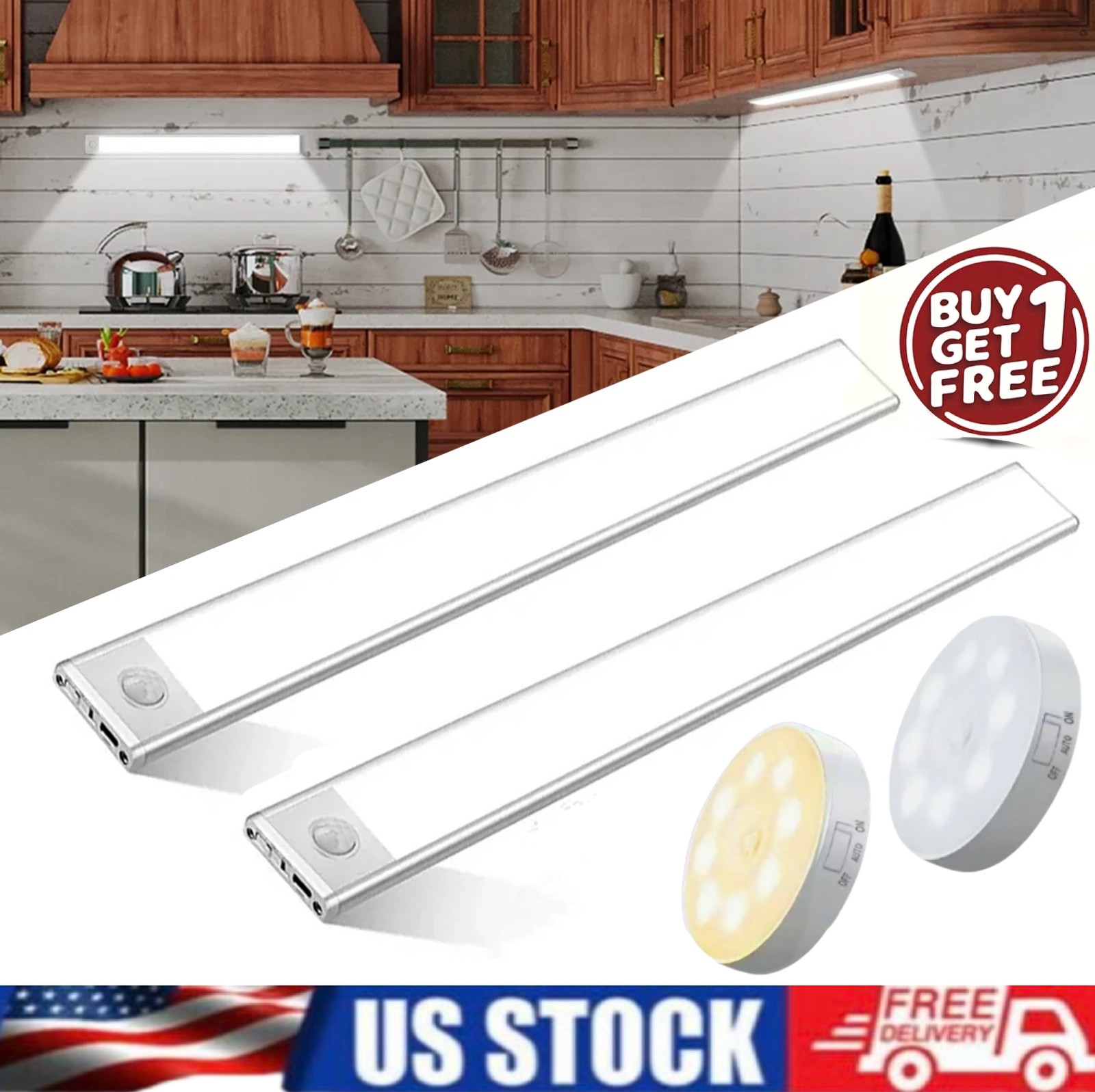 LED Motion Sensor Under Cabinet Closet Light USB Rechargeable Kitchen Lamp Strip