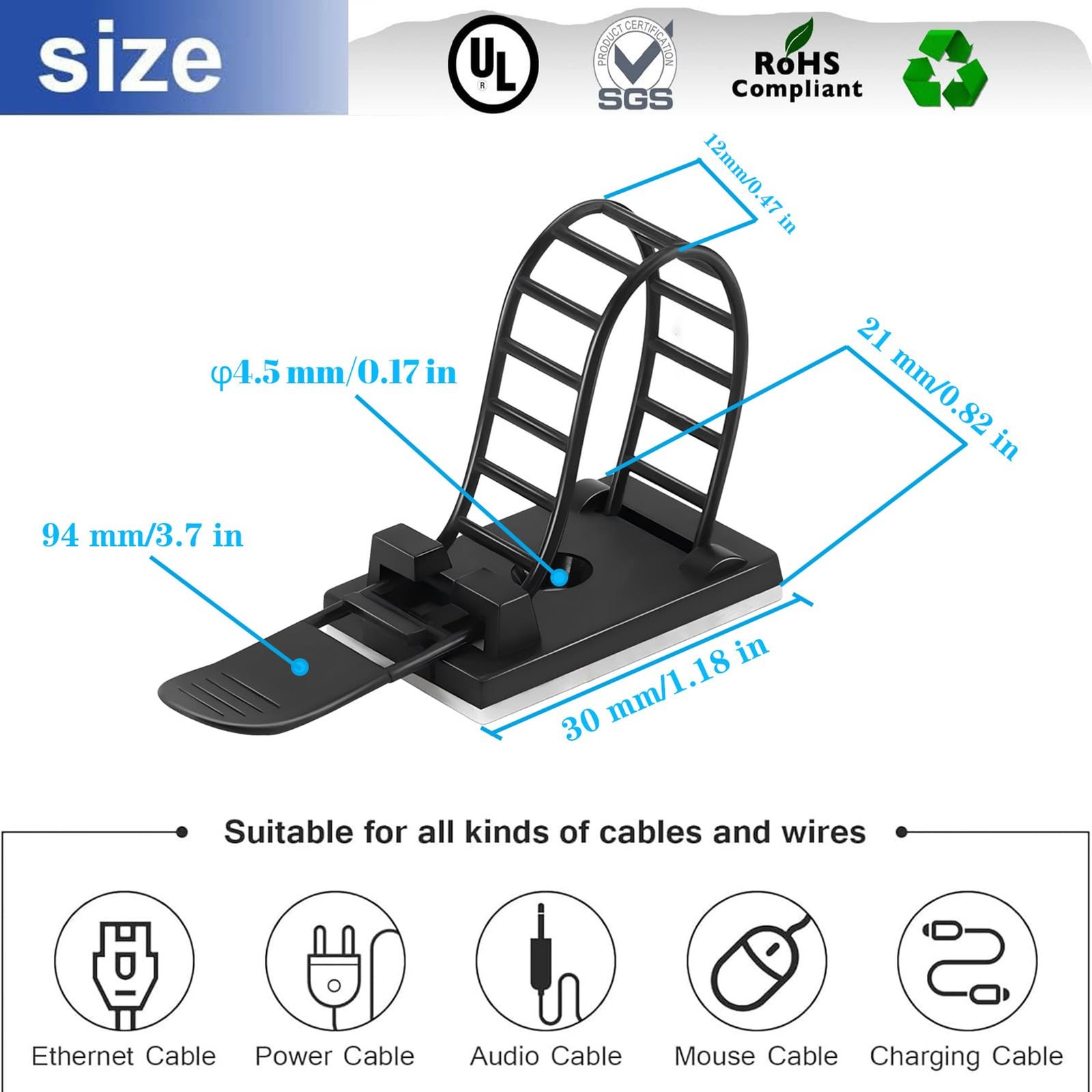 Adjustable Adhesive Cable Management Clips 50Pcs, Large self Adhesive Cable Ties