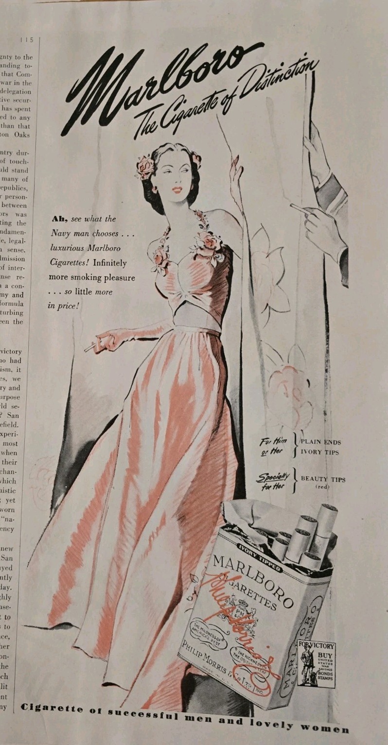 1945 Marlboro Cigarette of Distinction Woman Pink evening gown vintage art ad