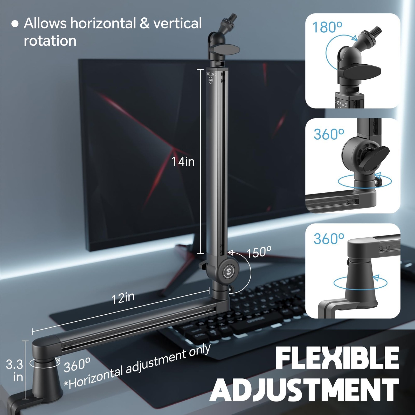 CMTECK Microphone Boom Arm, Low Profile Microphone Arm Stand with Cable Manag...