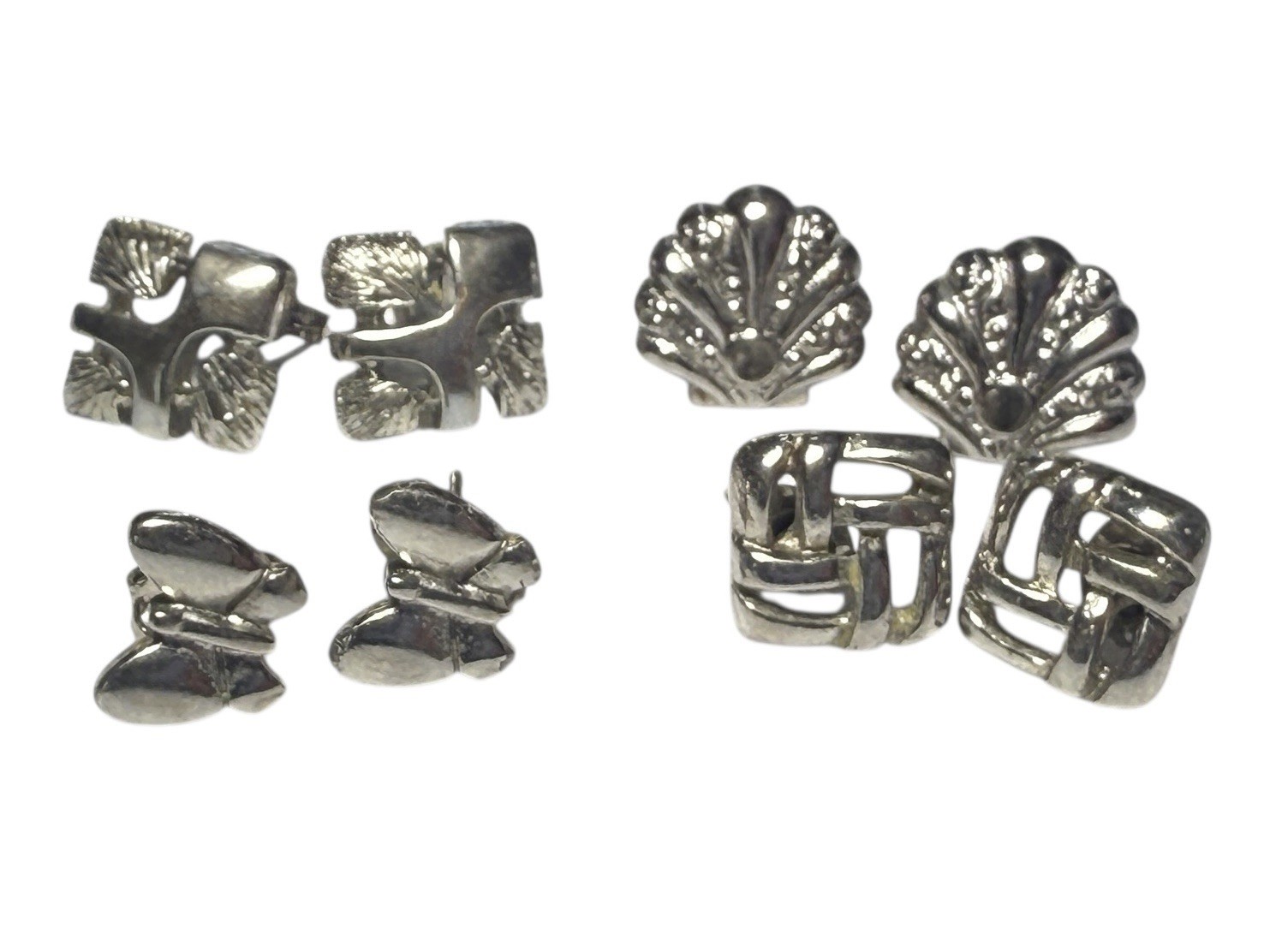 Vtg Silver Tone Stud Earrings Lot 4 Pairs Butterfly Shell Geometric Retro