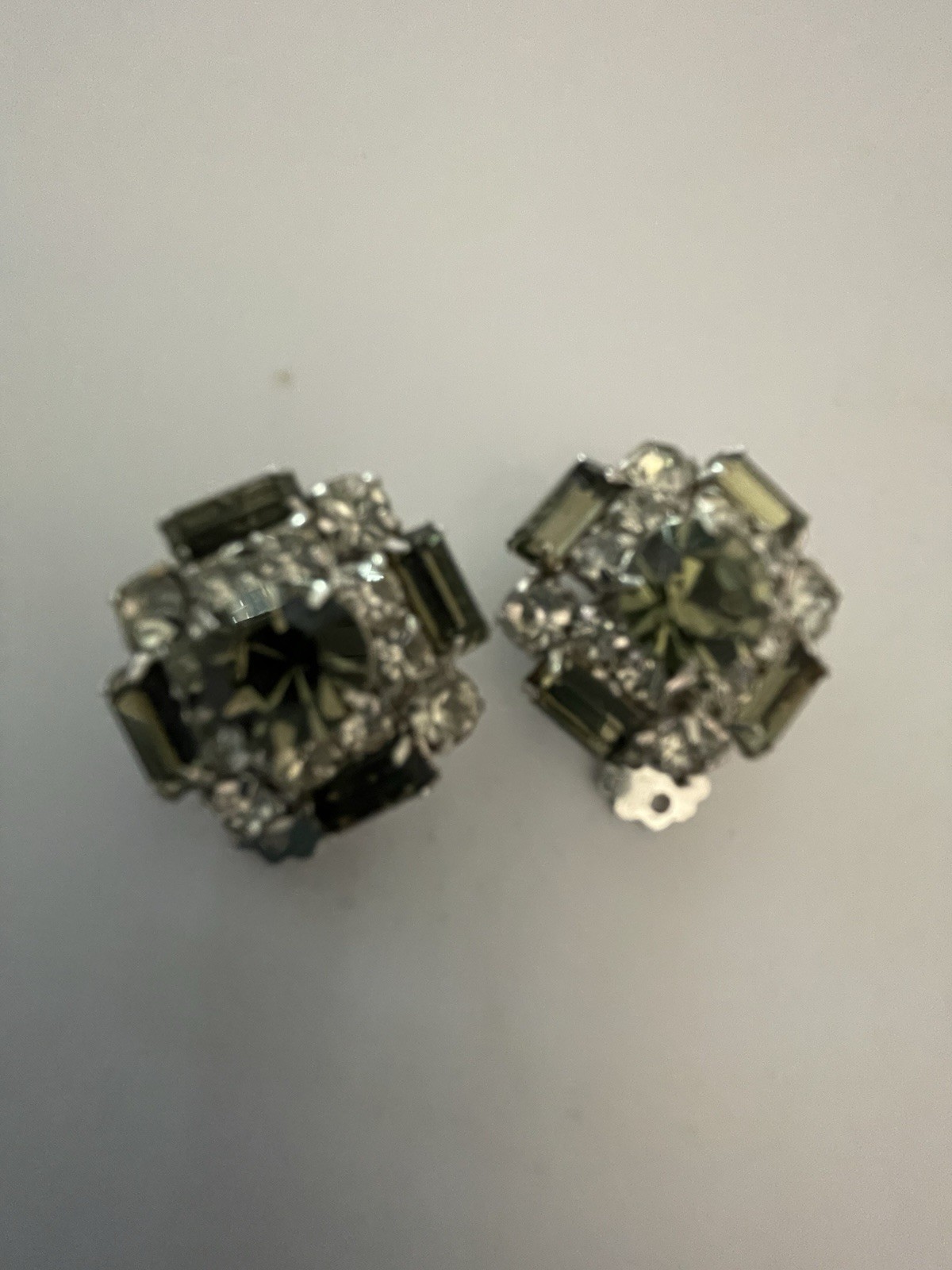 Vintage Rhinestone Clip On Earrings, Prong Set, Faceted Gray Stones