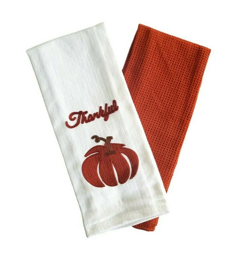 Harvest Fall Design Woven Kitchen Towels “Thankful” - 2 Pack