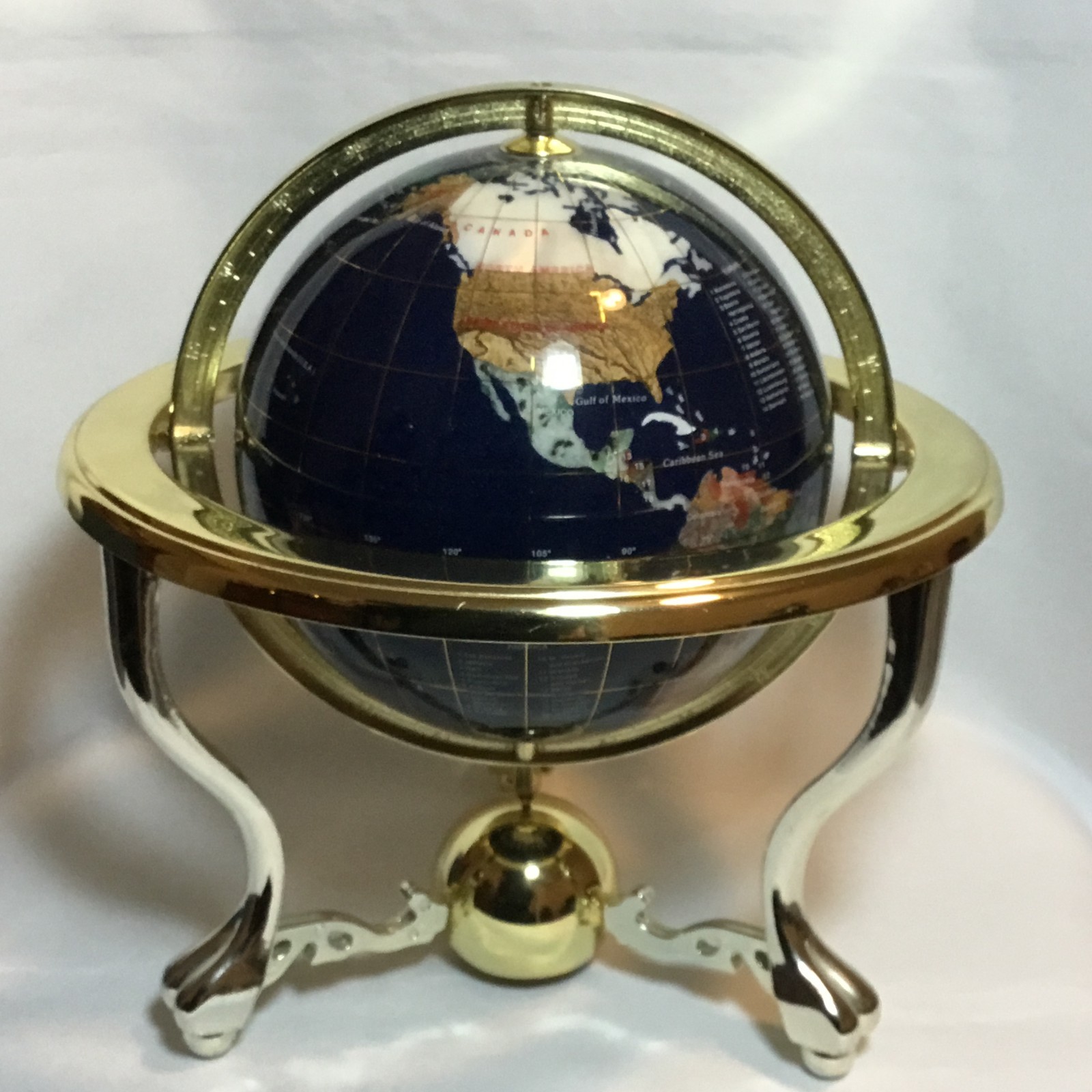 Gemstone Tabletop World Globe Semiprecious Inlay Lapis Lazuli 9" VTG Decor
