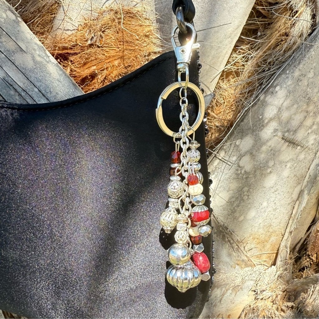 NEW Red Mood Beaded Crystal Bag Charm Keychain Handmade One of a Kind