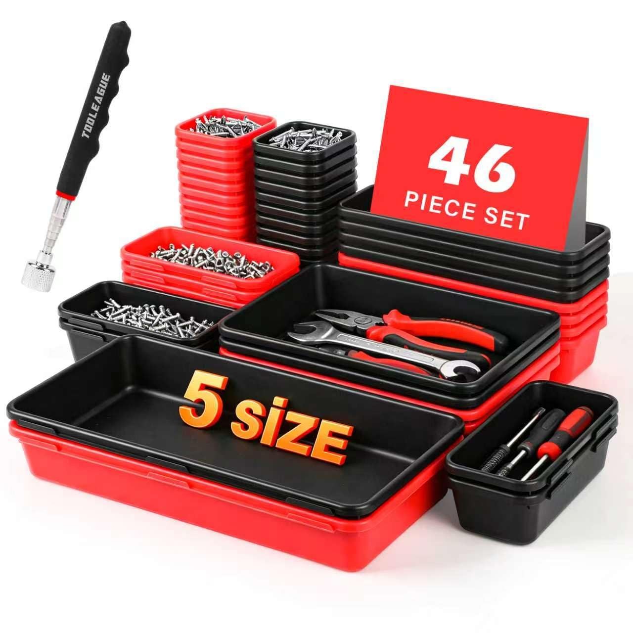 46Pcs & 5 Sizes Tool Box Organizer Tray Set with 15Lb Magnetic Pickup Pen,Dra...