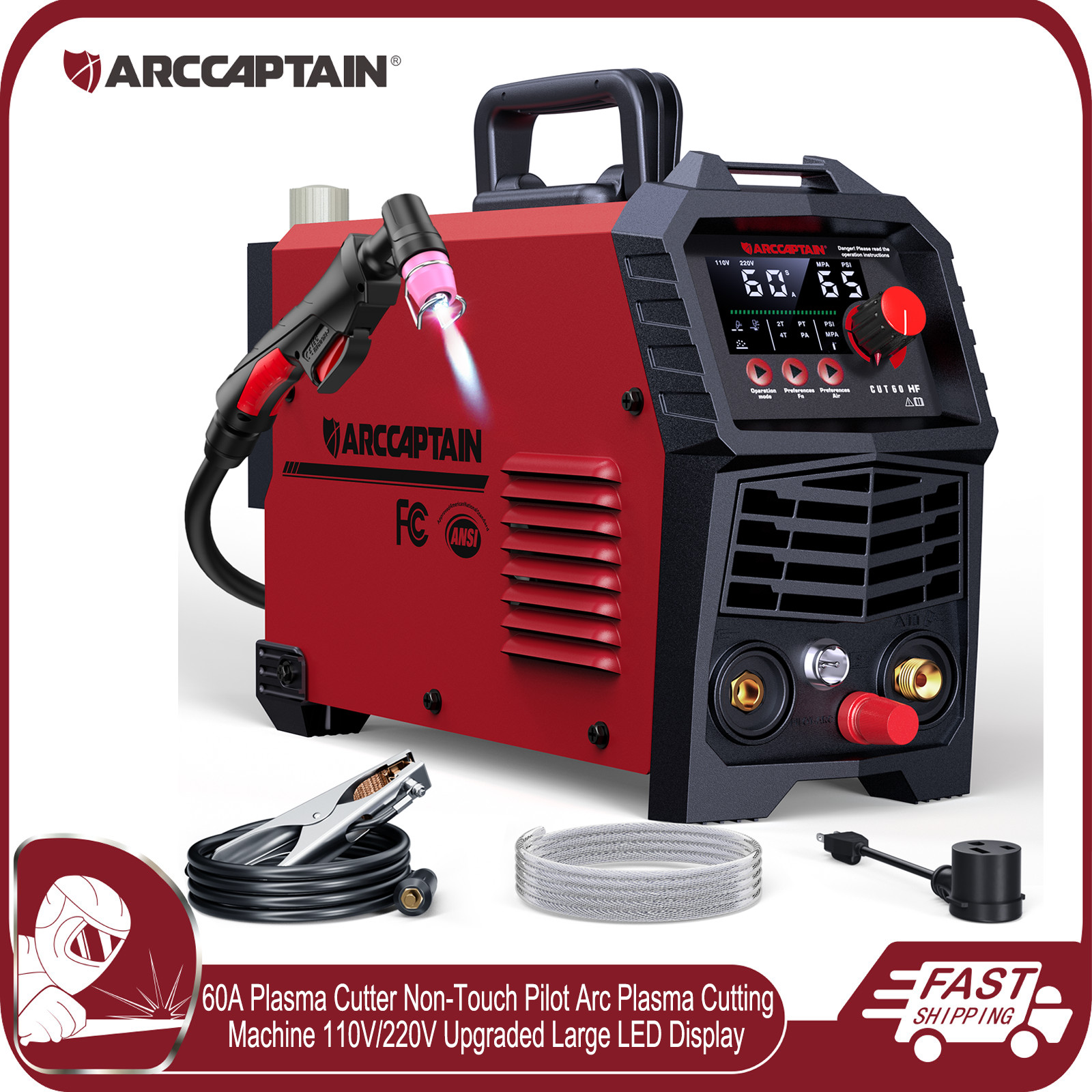 ARCCAPTAIN 60A Plasma Cutter Non-Touch Pilot Arc HF Large LED Display 110V/220V