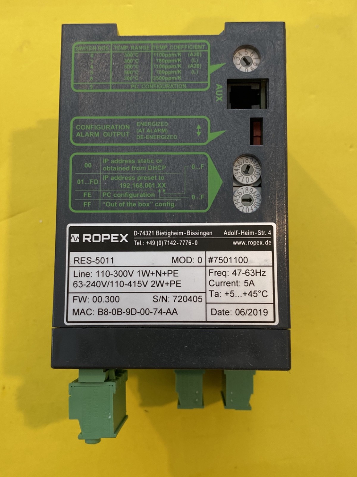 ROPEX RESISTRON RES-5011  MOD: 0 #7501100, FW 00.300, Temperature Controller
