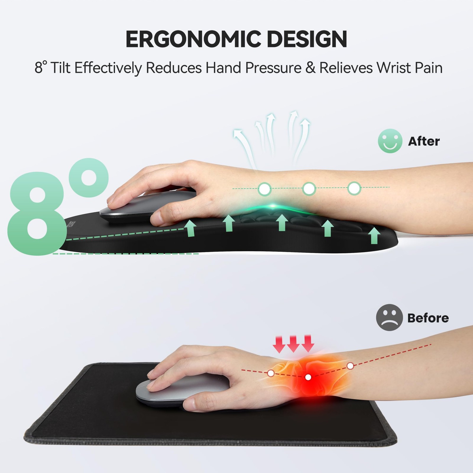 TECKNET Ergonomic Mouse Pad with Wrist Rest, Soft, 12x8 inch, NEW