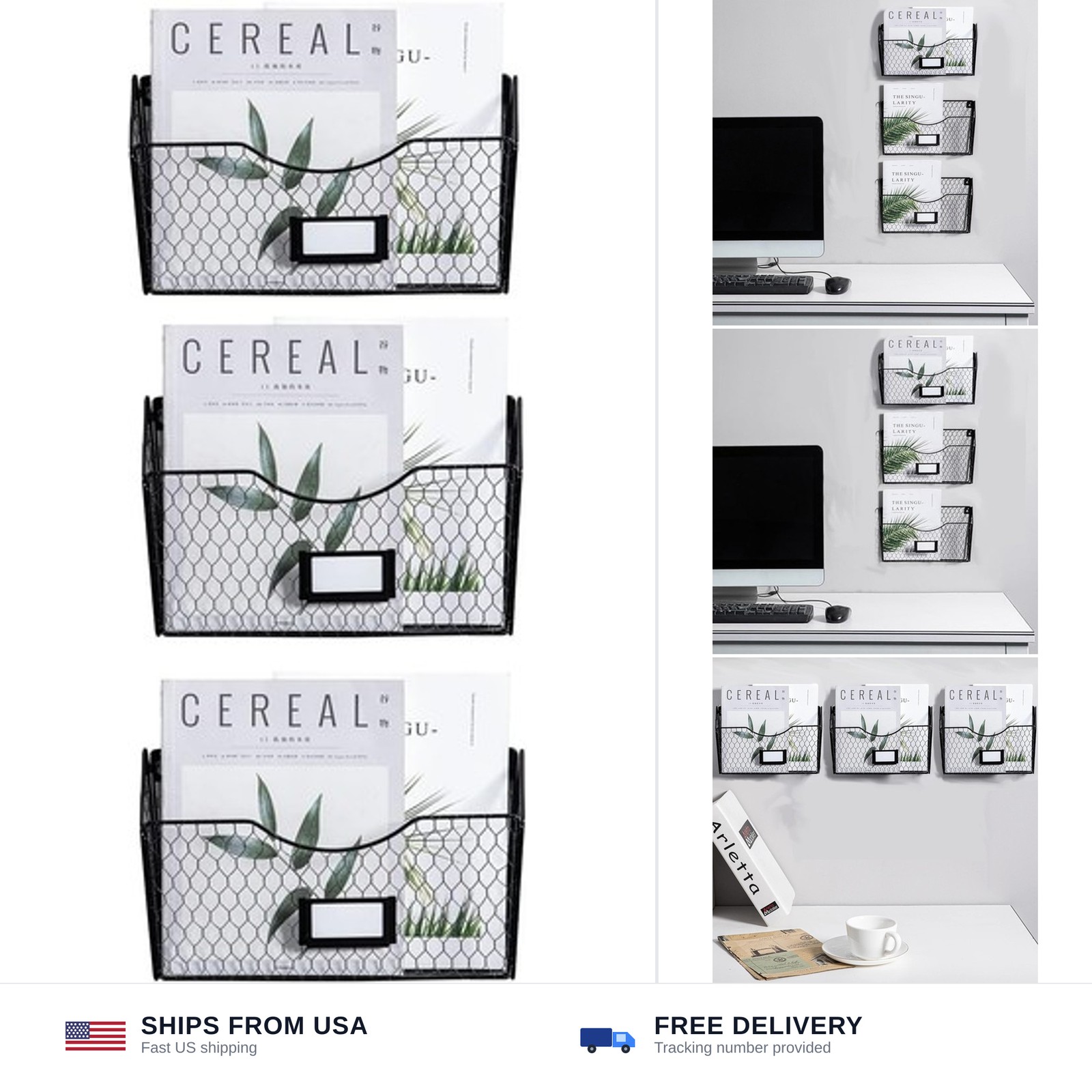 NA Mesh Magazine Rack 3 Pockets Wall Mount Hanging File Holder Organizer with...