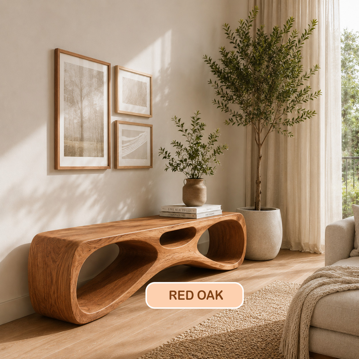 Tri-Cutout Bench Modern Sculptural Entryway Seating Stand Genuine Solid Wood