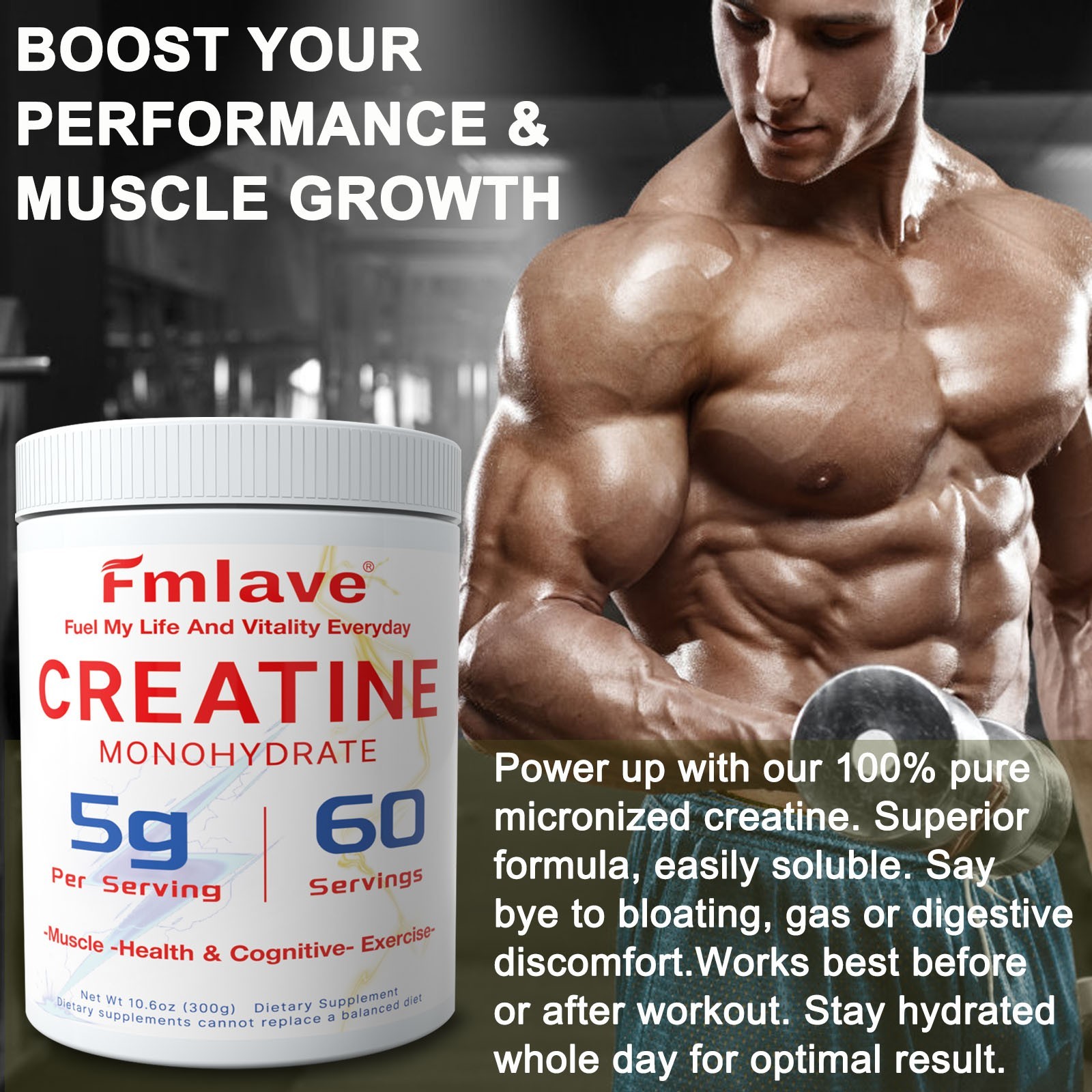 Fmlave Creatine Monohydrate 5g Micronized Creatine 10.58oz - 60 Serving Non-GMO