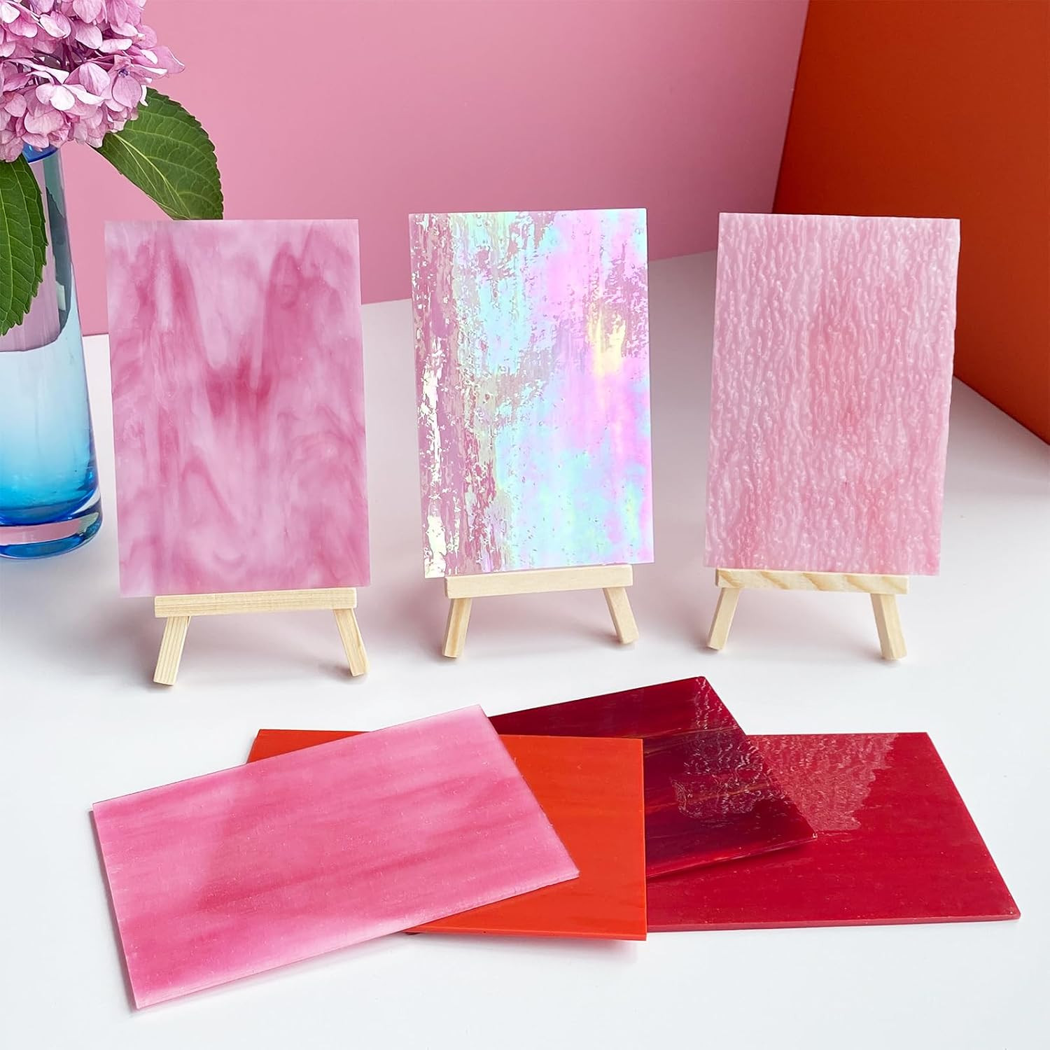 12 Sheets Mixed Red Pink Stained Glass Sheets, 4 X 6 Inch Stained Glass Supplies