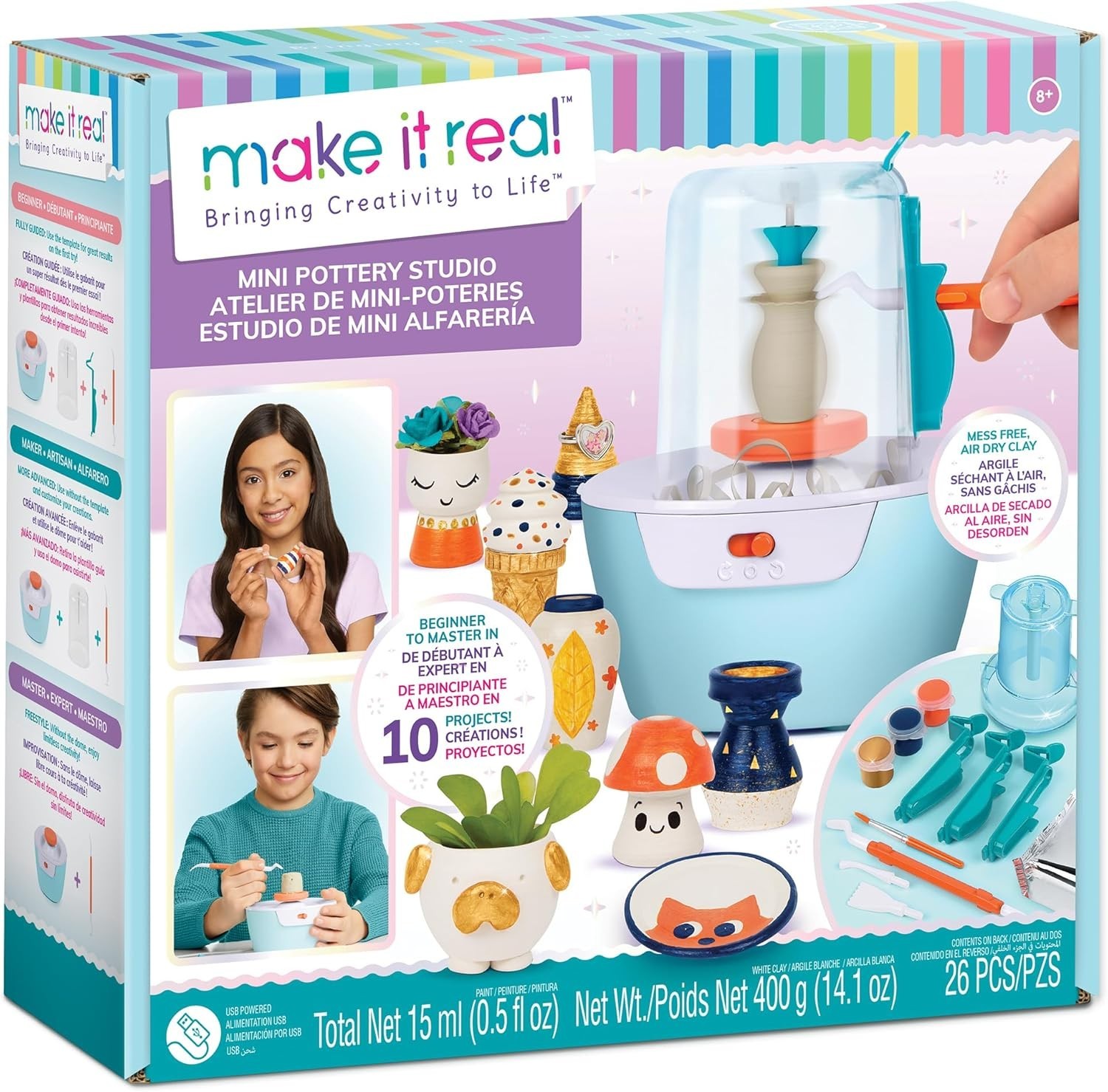 Make It Real Mini Pottery Studio - 26-Piece DIY Kit w/ Air Dry Clay - NEW