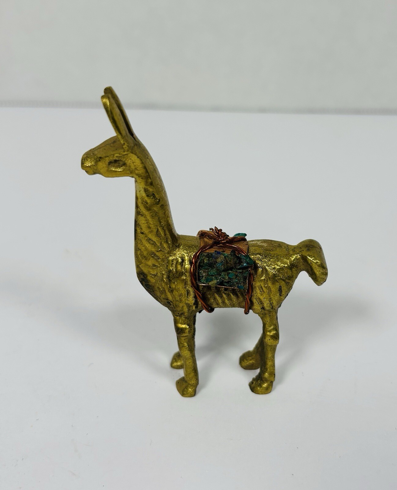Solid Brass Vintage Llama Figurine Carrying Turquoise Stones w Copper Saddle