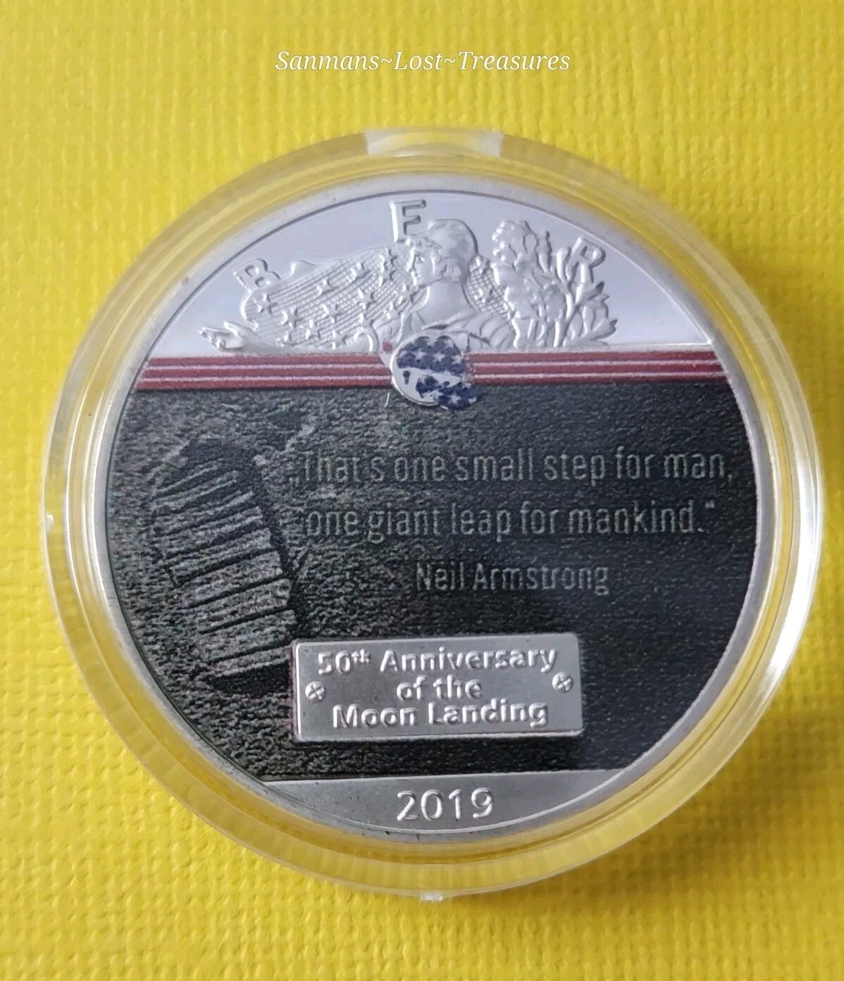 MOON LANDING MEDAL 50TH ANNVERSARY SILVER PLATED MEDALLION WITH QUADRANT CAPSULE