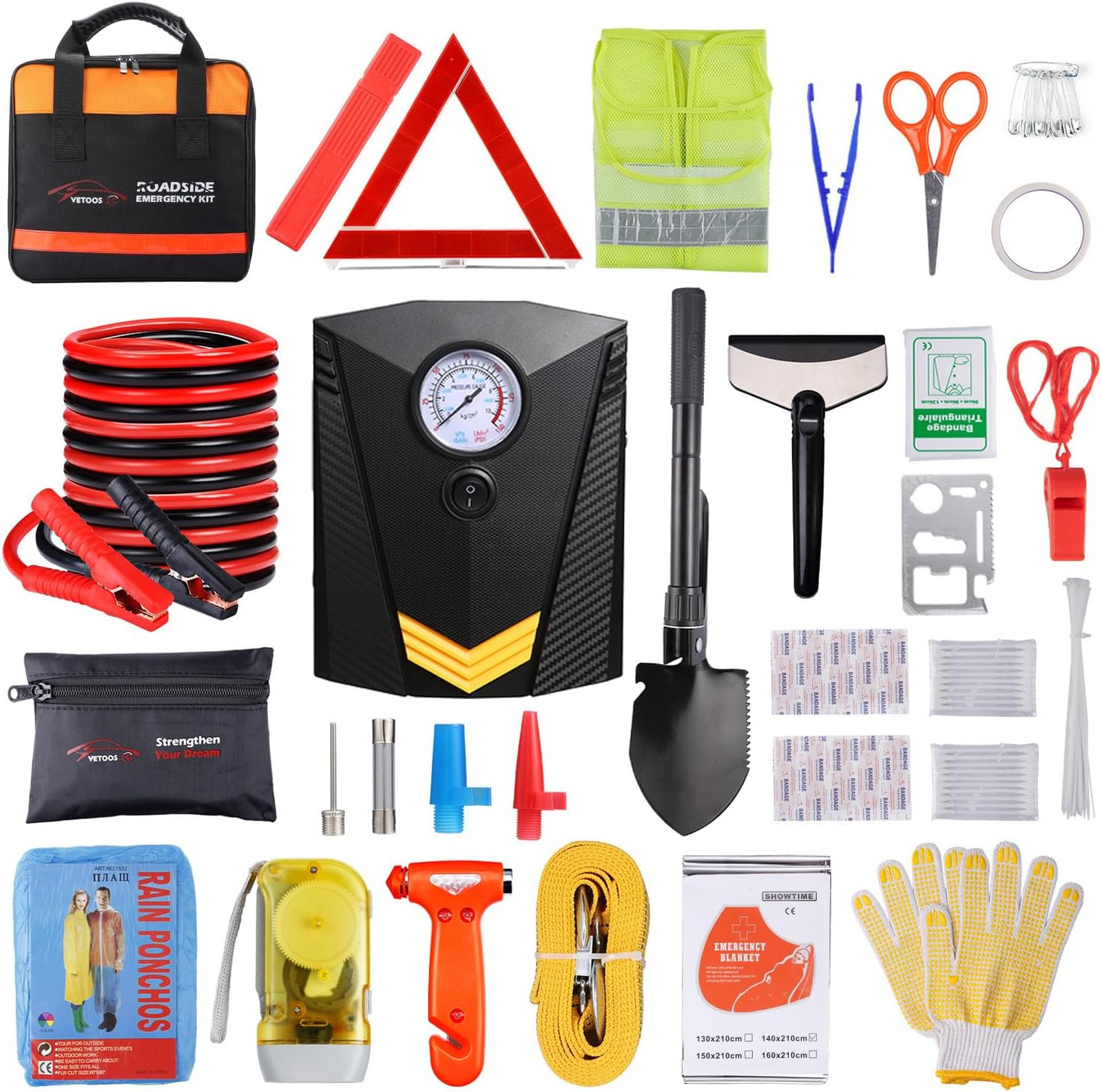 Car Emergency Kit with Jumper Cables Portable Air Compressor Survival Shovel