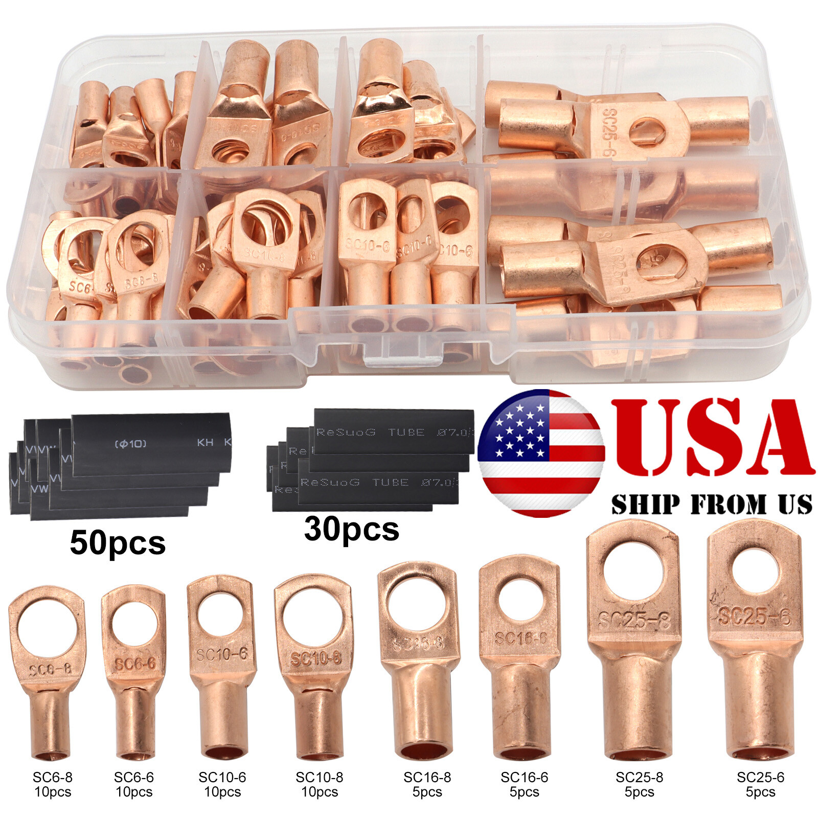 140x Car Copper Tube Terminal Battery Cable Lug Ring Crimp Connector Kit USA GPS