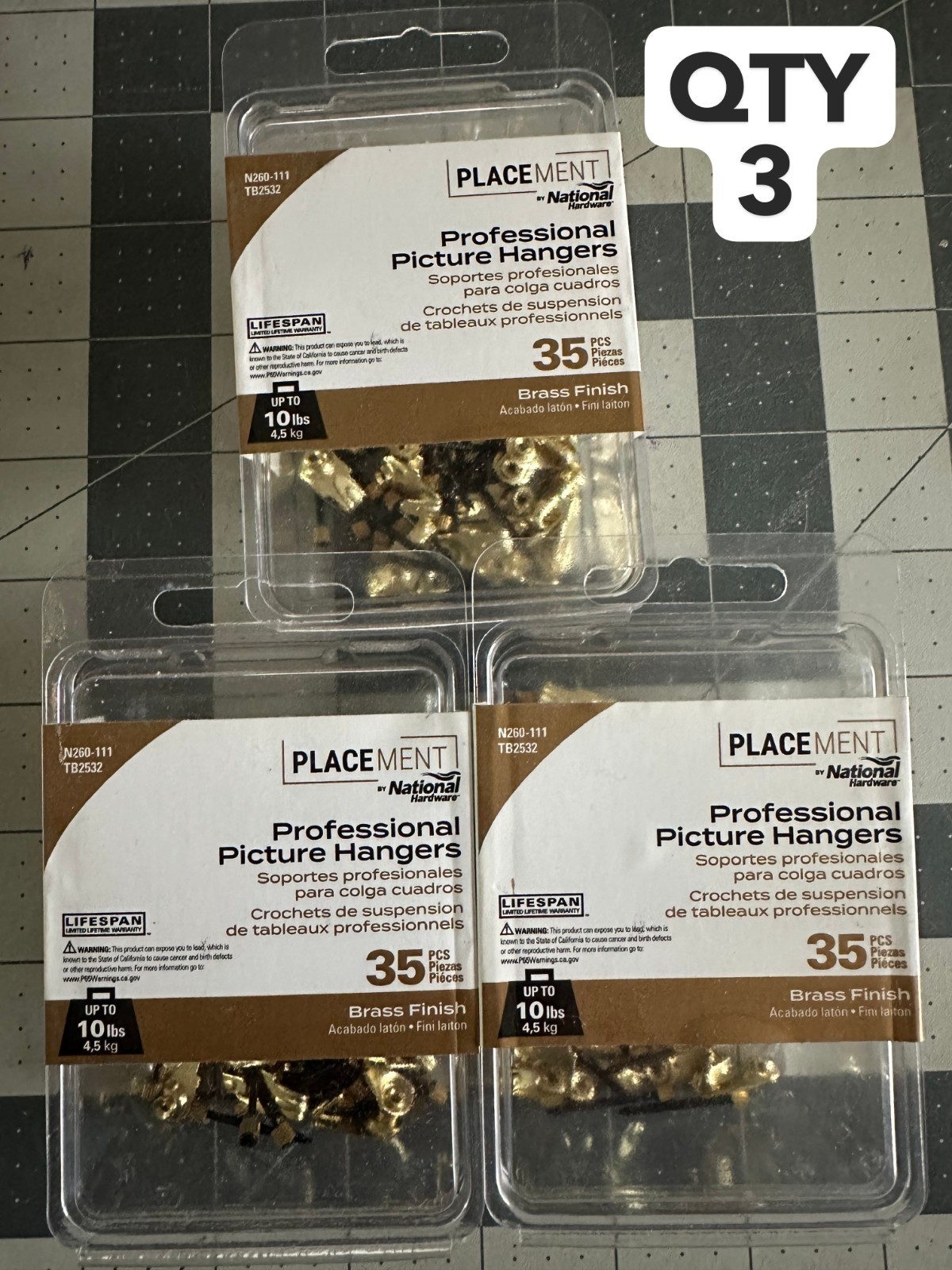 New 3-pack lot 35/PC National Hardware N260-111 picture hangers 10LB brass