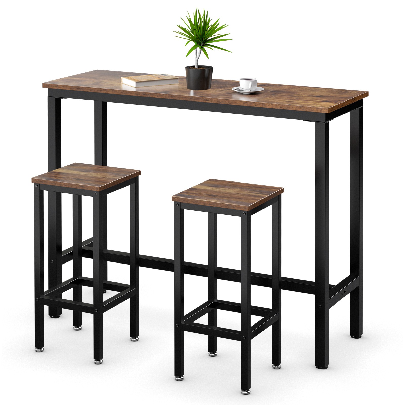 3 PCS Dining Room Bar Table Set Counter Height Design With Stools Rustic Brown