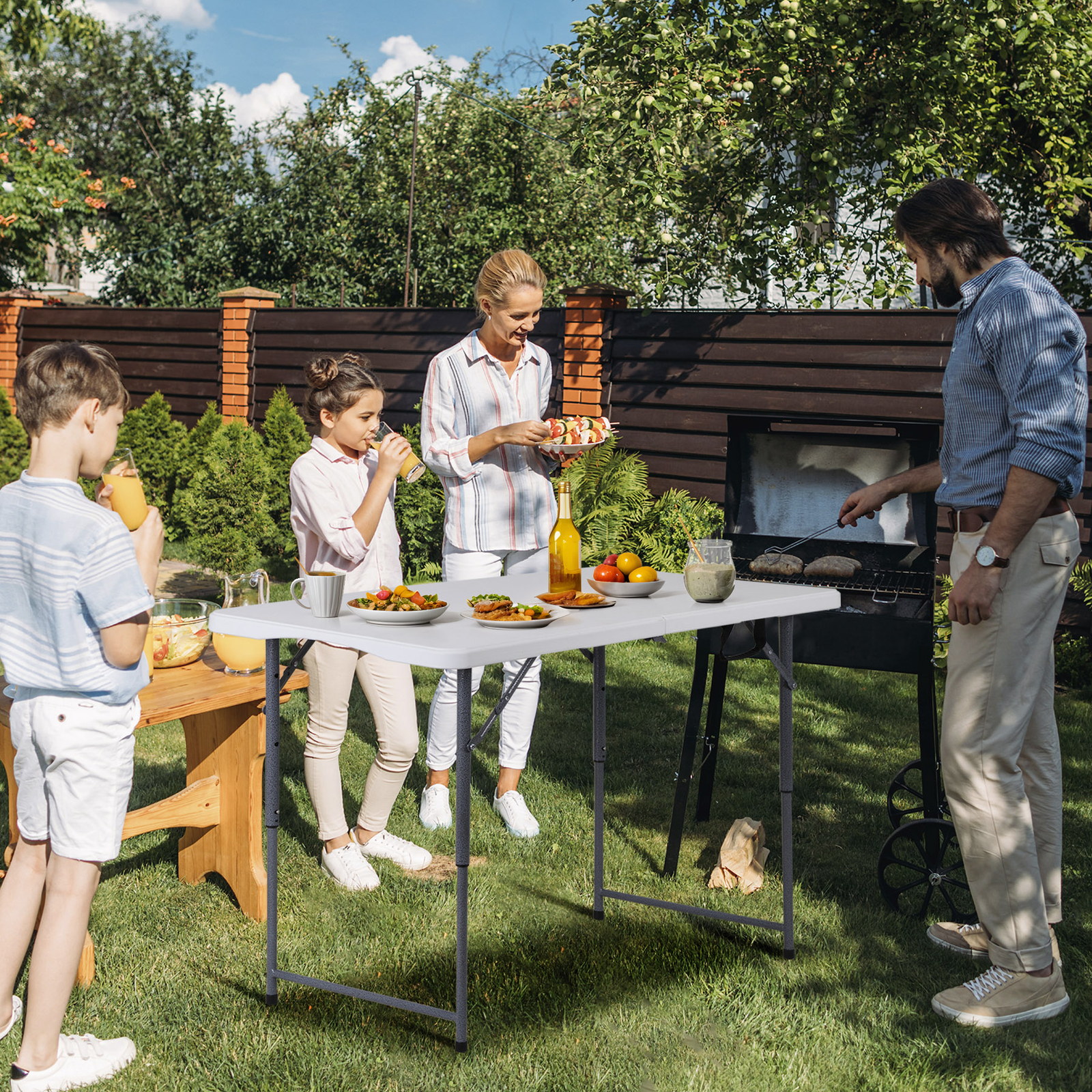 Folding Table 4 FT Portable Fold-in-Half Adjustable Plastic Camping Table White
