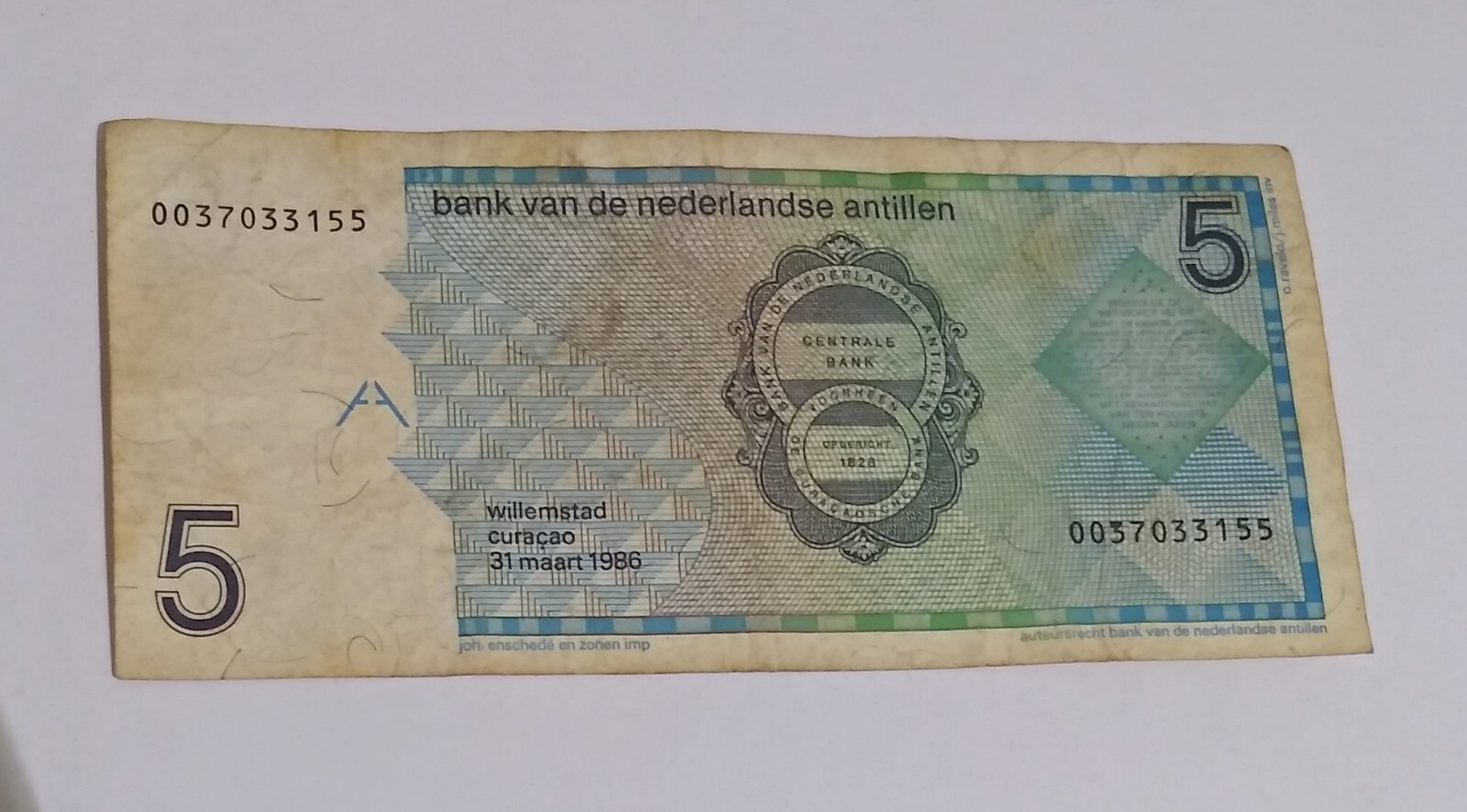 1986 Netherlands Antilles 5 Gulden Circulated Banknote