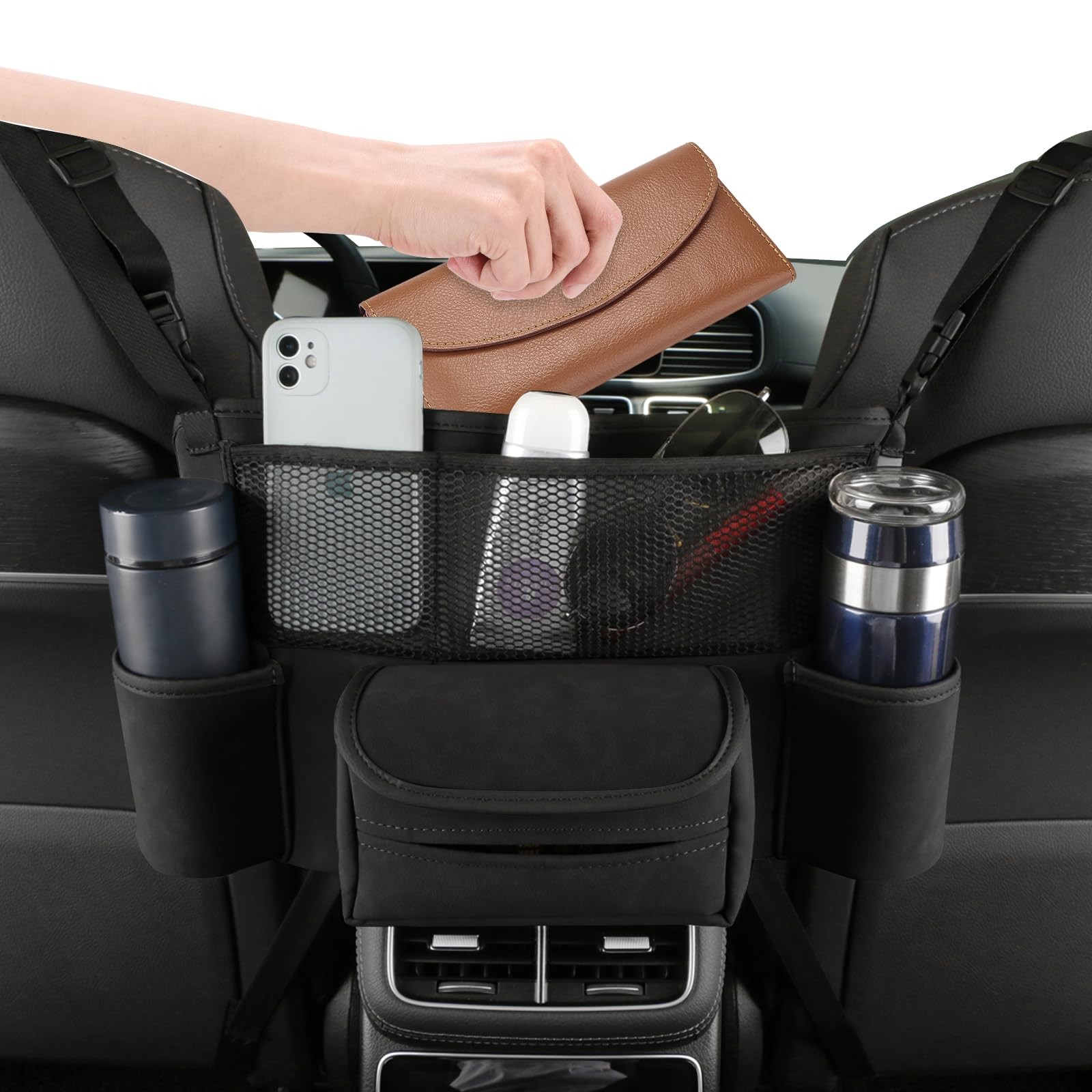 Leather Car Purse Holder Between Front Seats, Auto Seat Organizer with Net St...