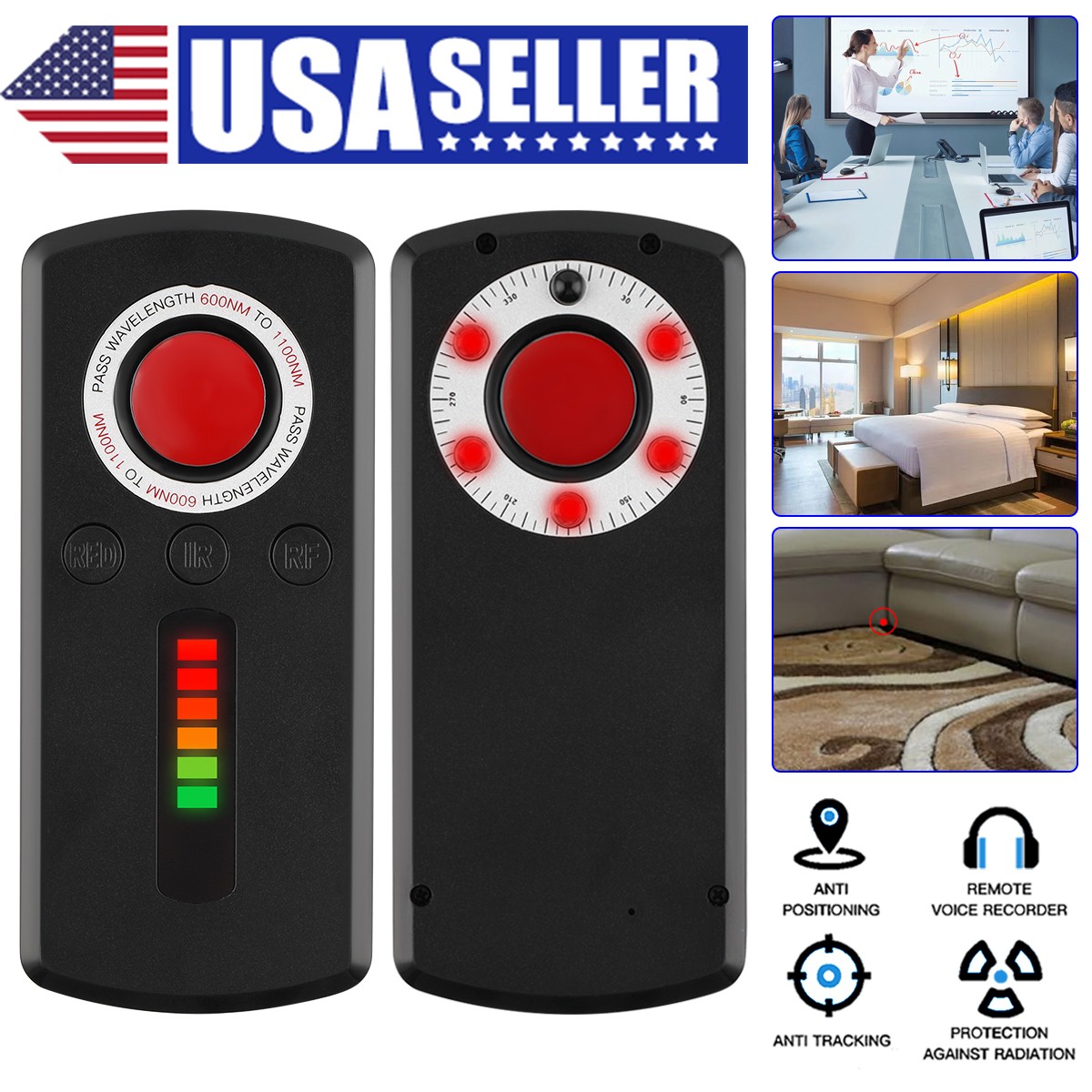 100MHz-8GHz RF Signal Detector Laser IR Camera Vehicle GPS Sound Light Alarm New