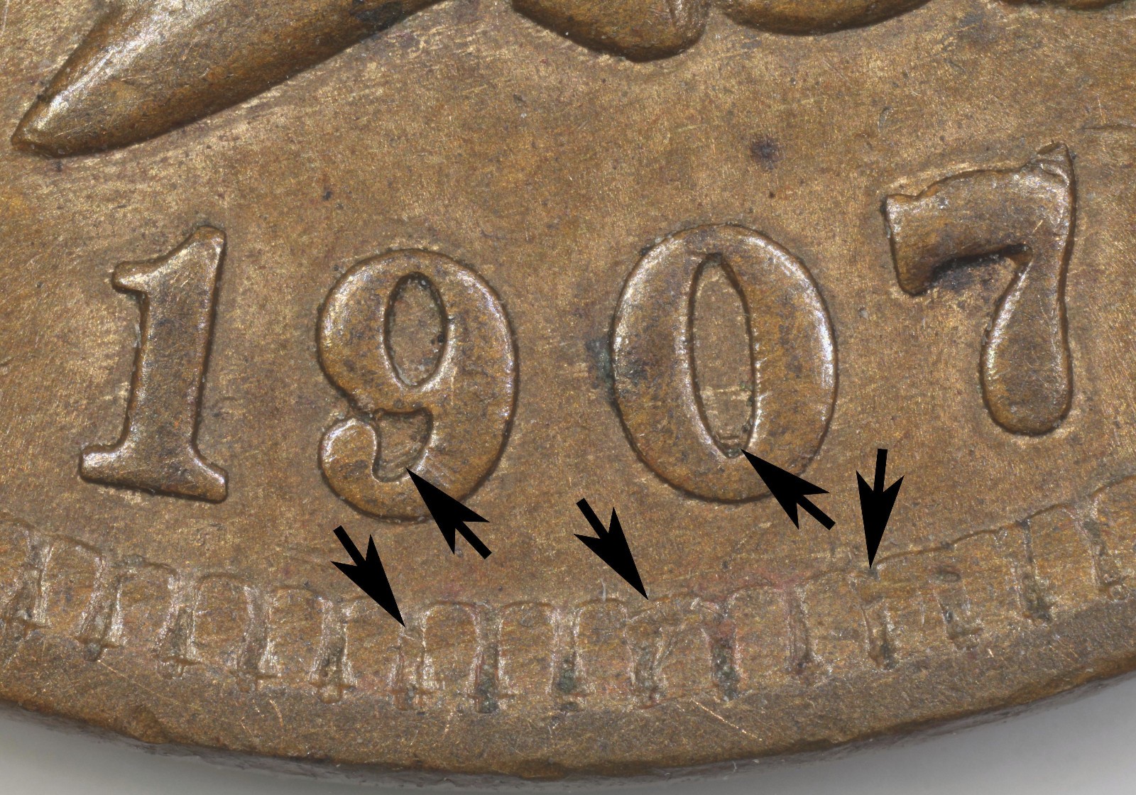 1907 Indian Cent *SNOW 13 REPUNCHED DATE & MISPLACED DIGITS AMONG DENTICLES*
