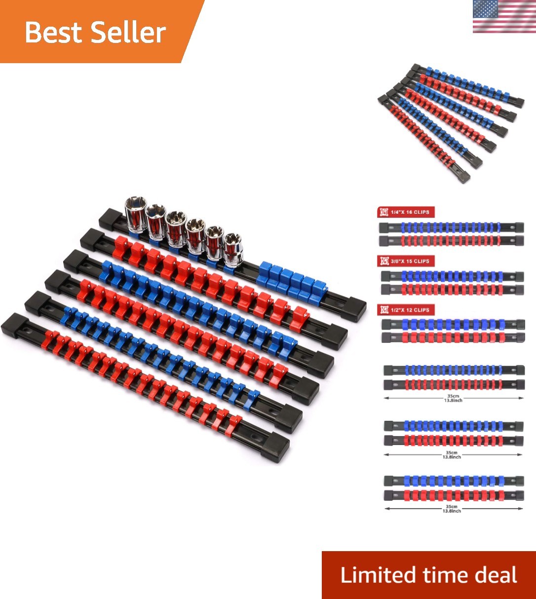 Versatile 6PC Socket Organizer with Removable Clips - Blue & Red Design