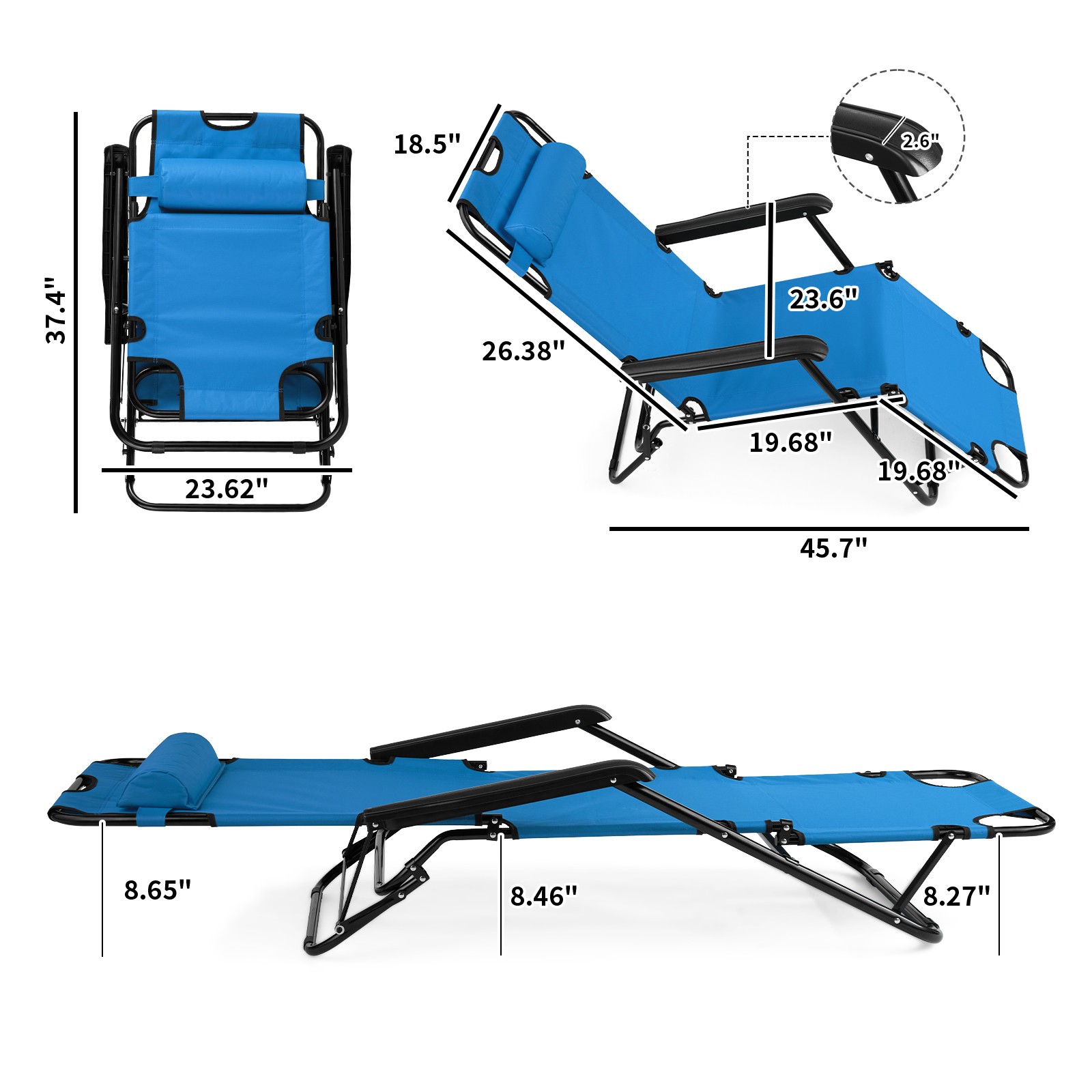 Folding Chaise Lounge Chair for Outdoor, 2-in-1 Portable Tanning Chair