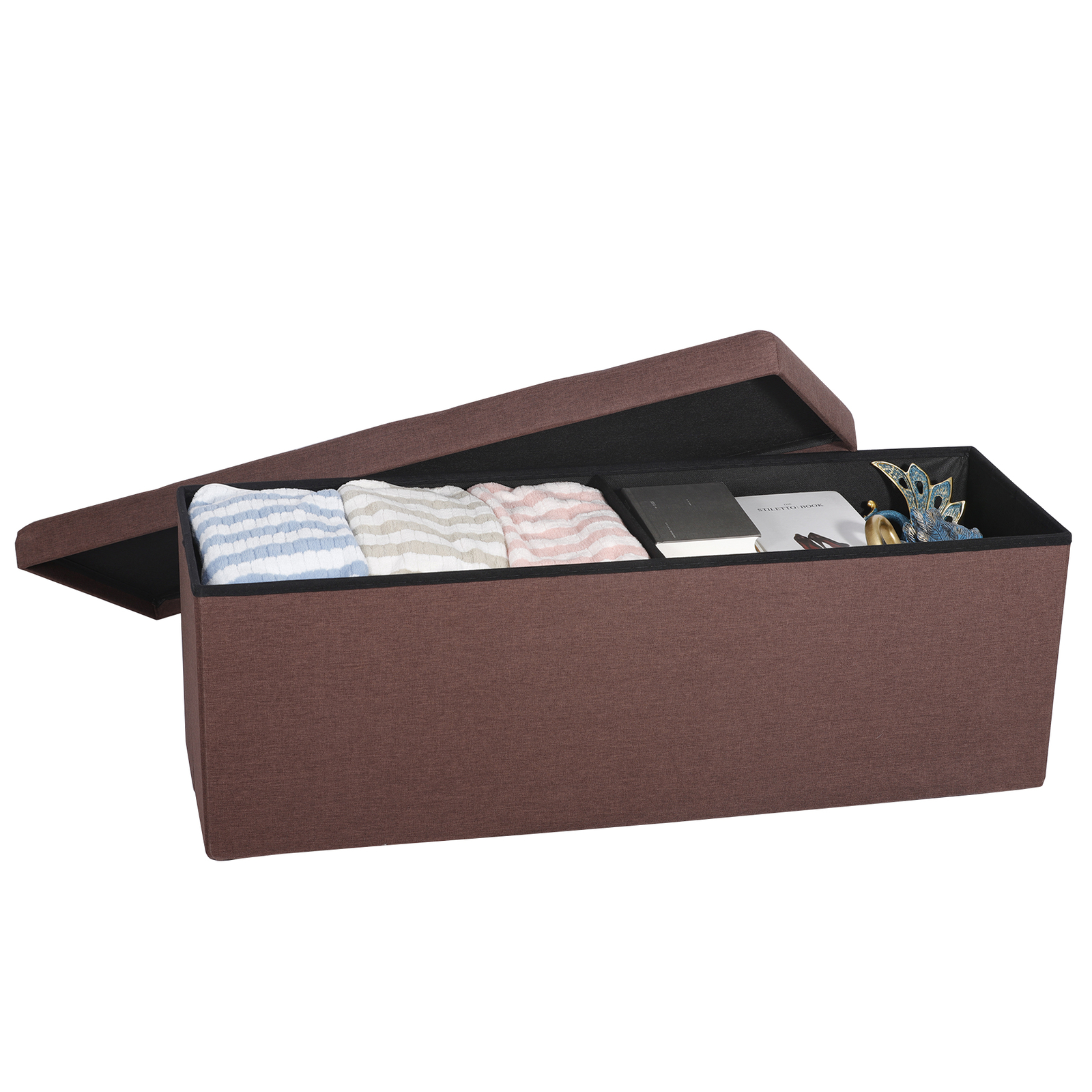 43" Folding Ottoman Bench Storage Organizer Chest Footrest Stool W/Divider Brown