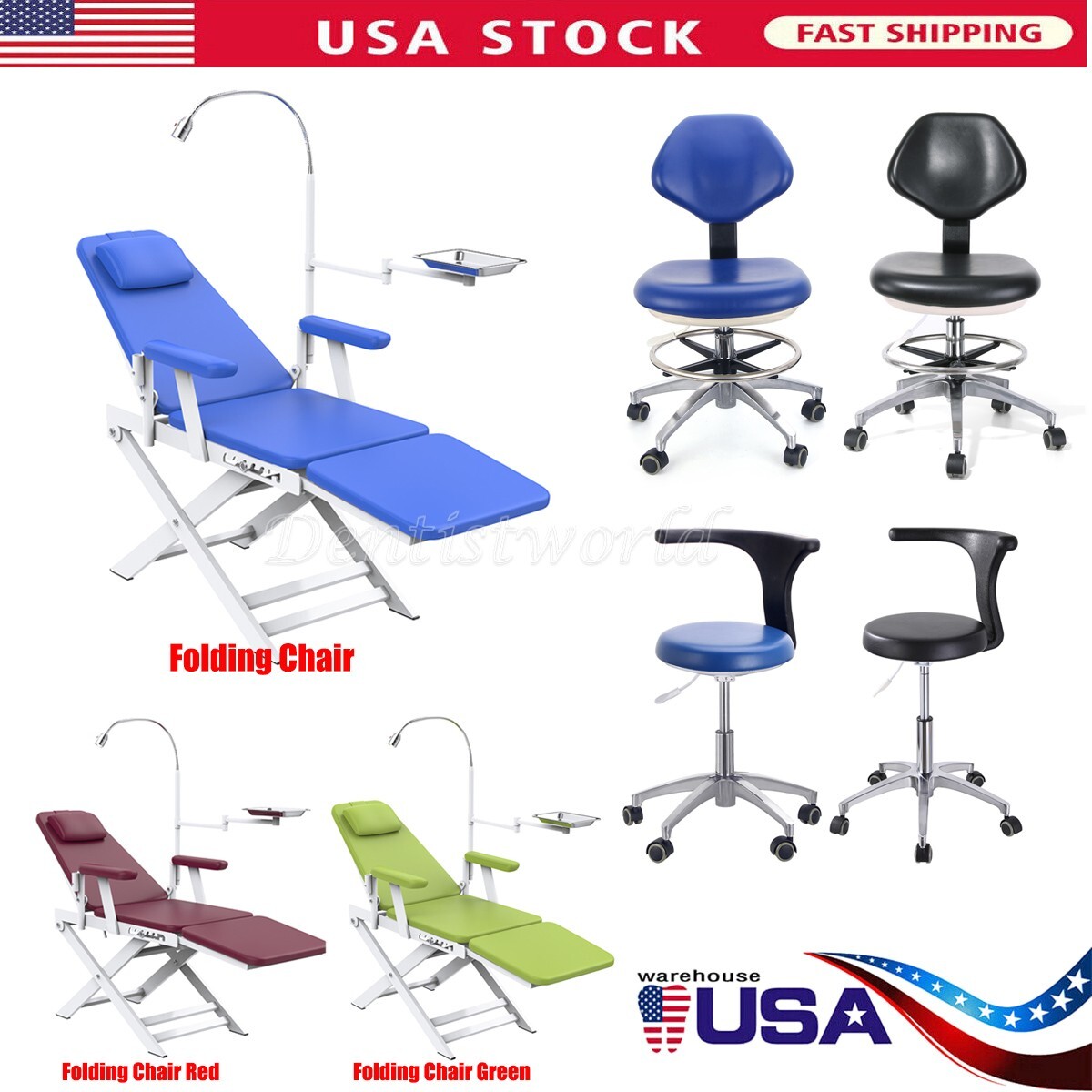 Dental Portable Chair Mobile Cheap Folding LED Light/Assistant Stool Adjustable