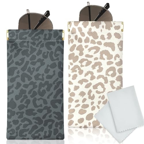 Glasses Case Soft, Eyeglass Cases for Women 2pcs Black Leopard+brown Leopard