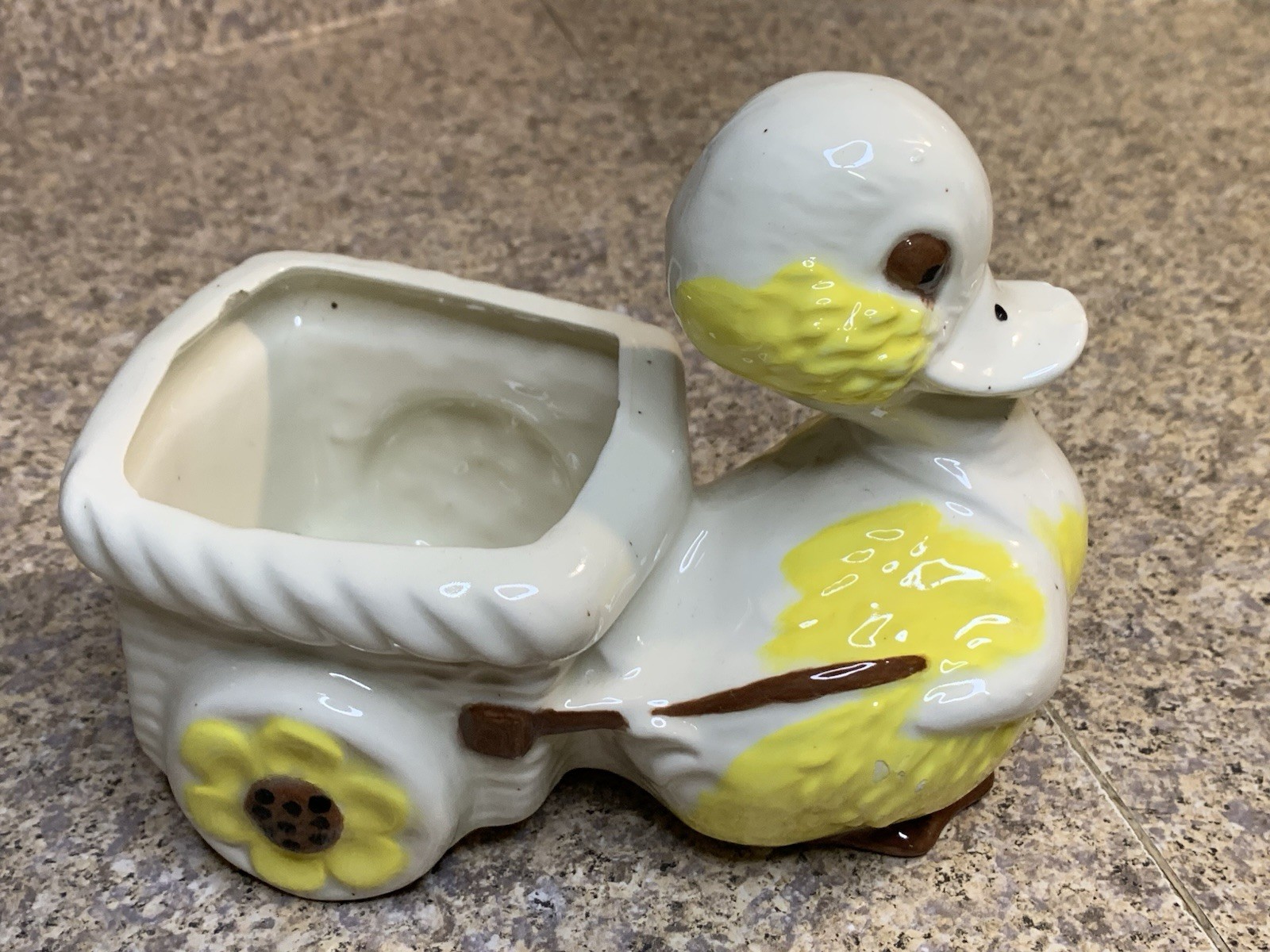 Vtg MCM Glazed Ceramic Duck Pulling Cart Planter - READ