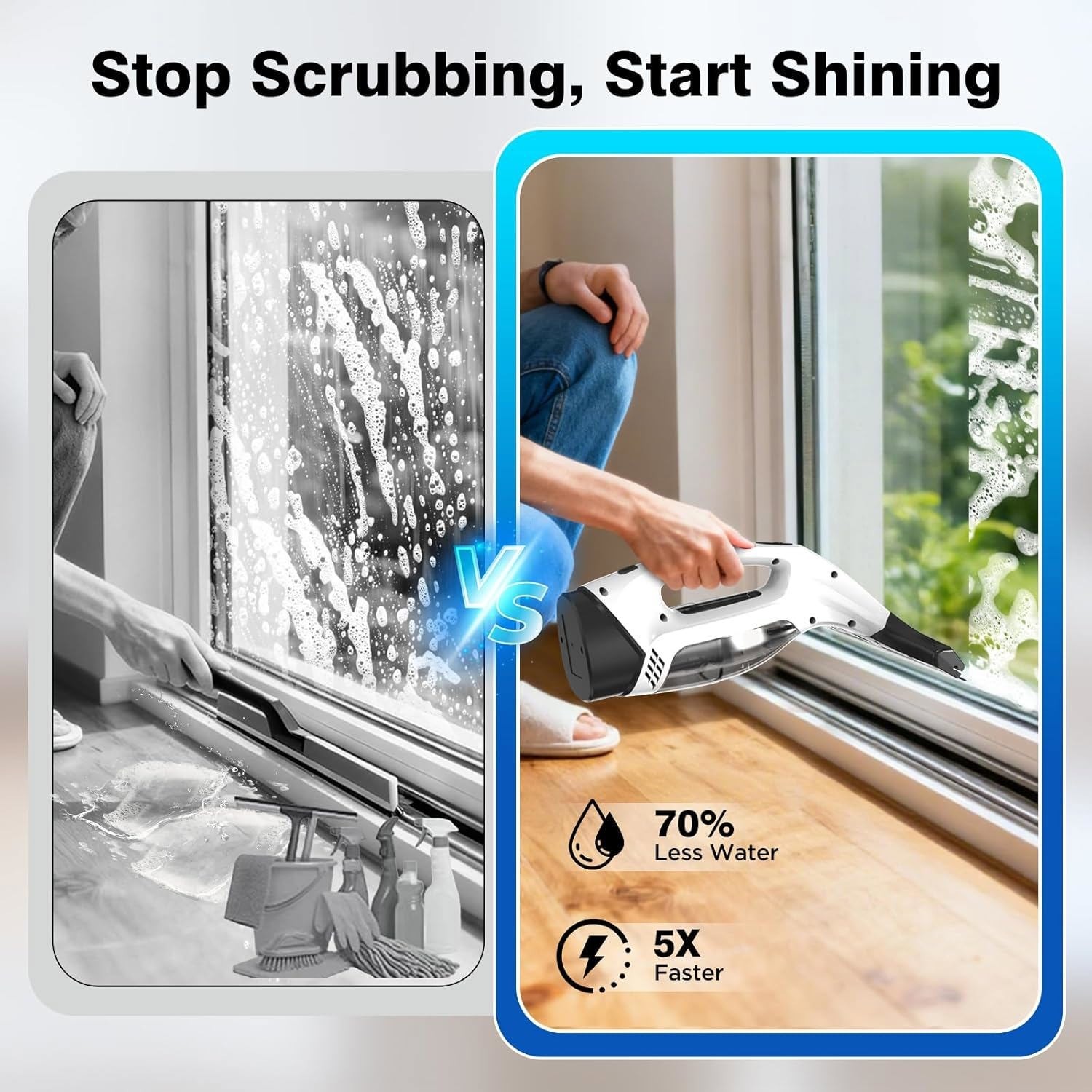 Window Vacuum Squeegee Cordless, 2000Pa Electric Window Cleaner Tool with Tank