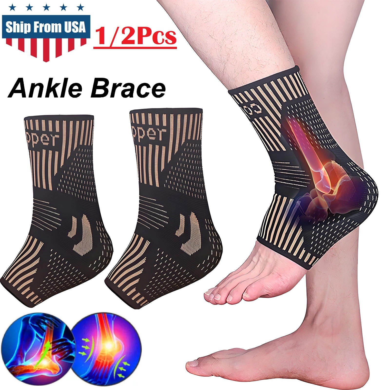 2× Copper Ankle Support Brace Stabilizer Compression Sleeve Socks Pain Relief US