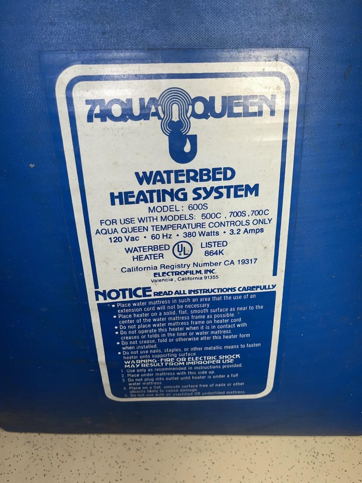 Blue Magic Temperature Control Waterbed Heater Aqua Queen Model 600S *UNTESTED*