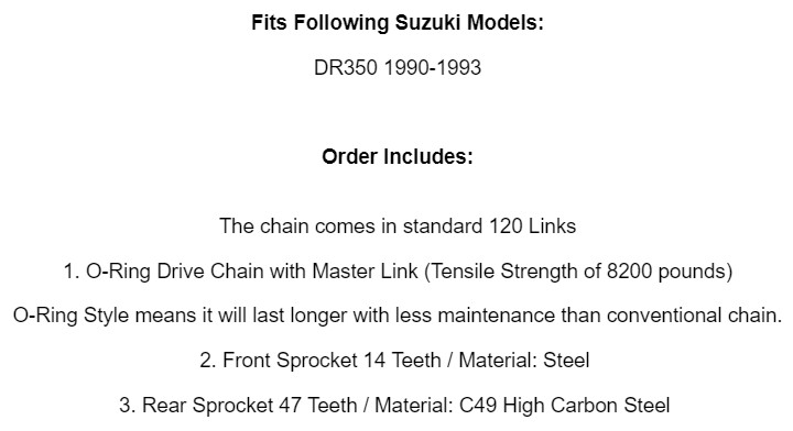 Steel O-Ring Drive Chain & Sprocket Kit for Suzuki DR350 1990 1991 1992 1993