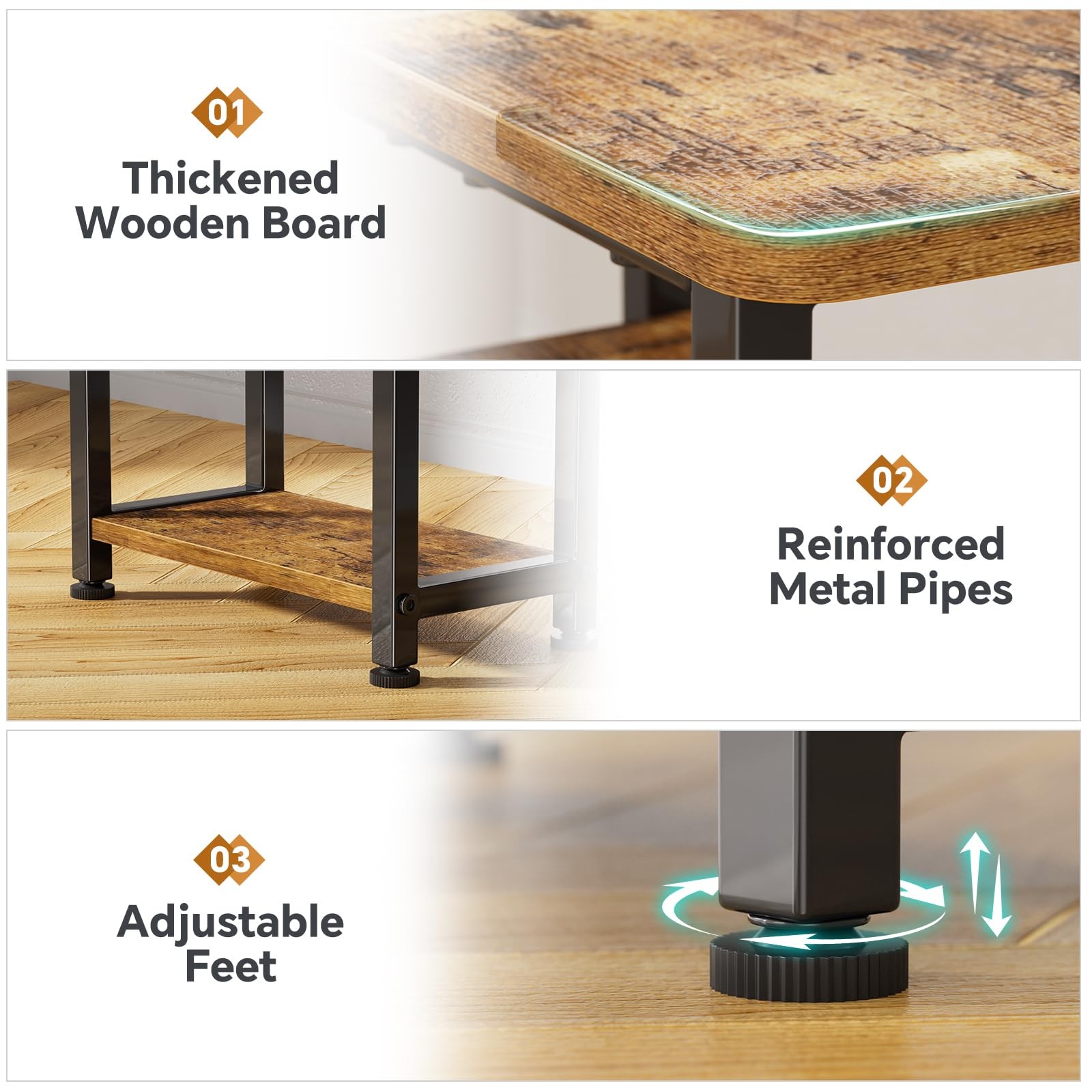 3 Tier Side End Table Rustic Brown Nightstand TV Tray Couch Table Storage
