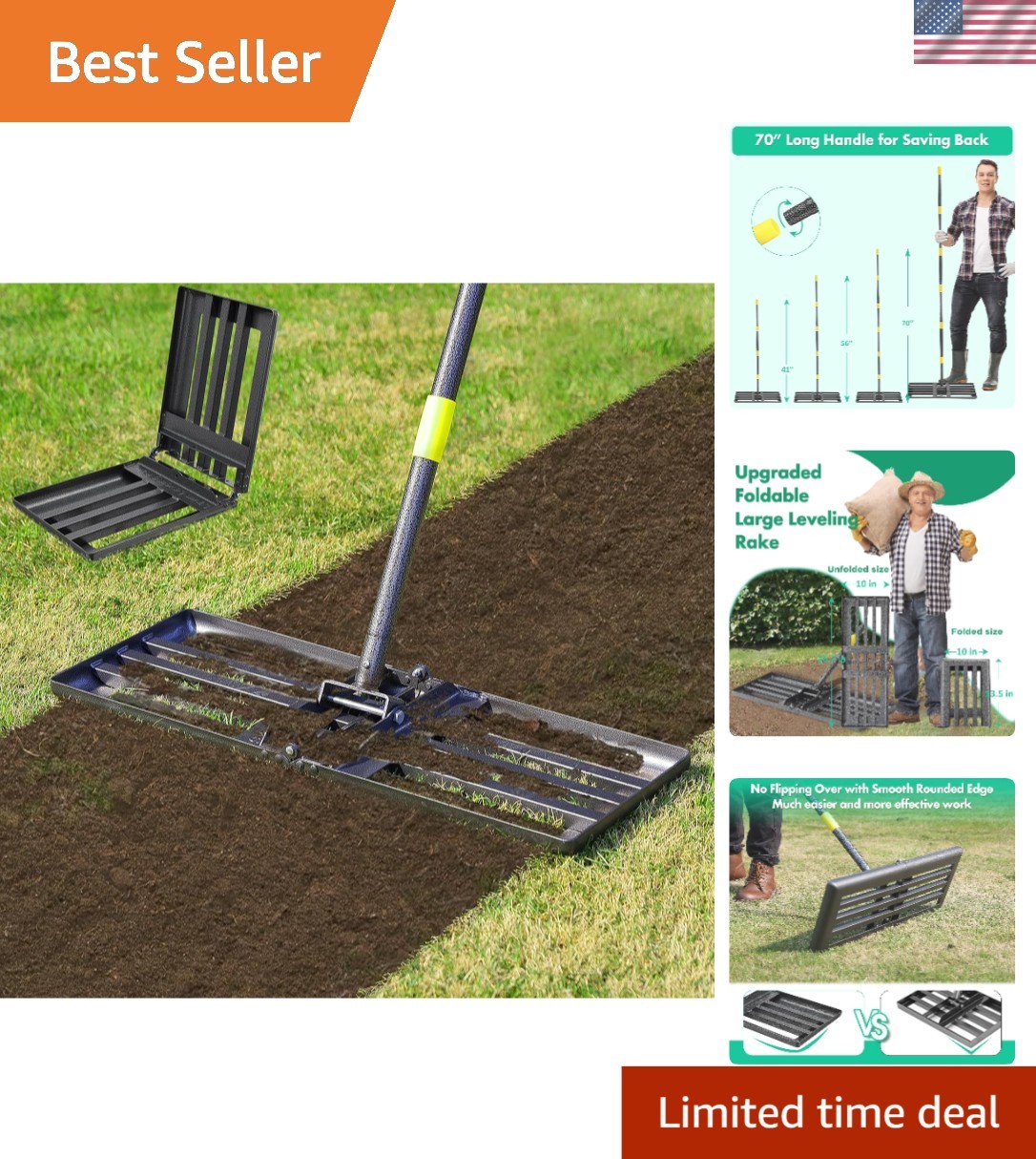 Compact & Versatile Lawn Level Rake with 56 Inch Adjustable Long Handle Design