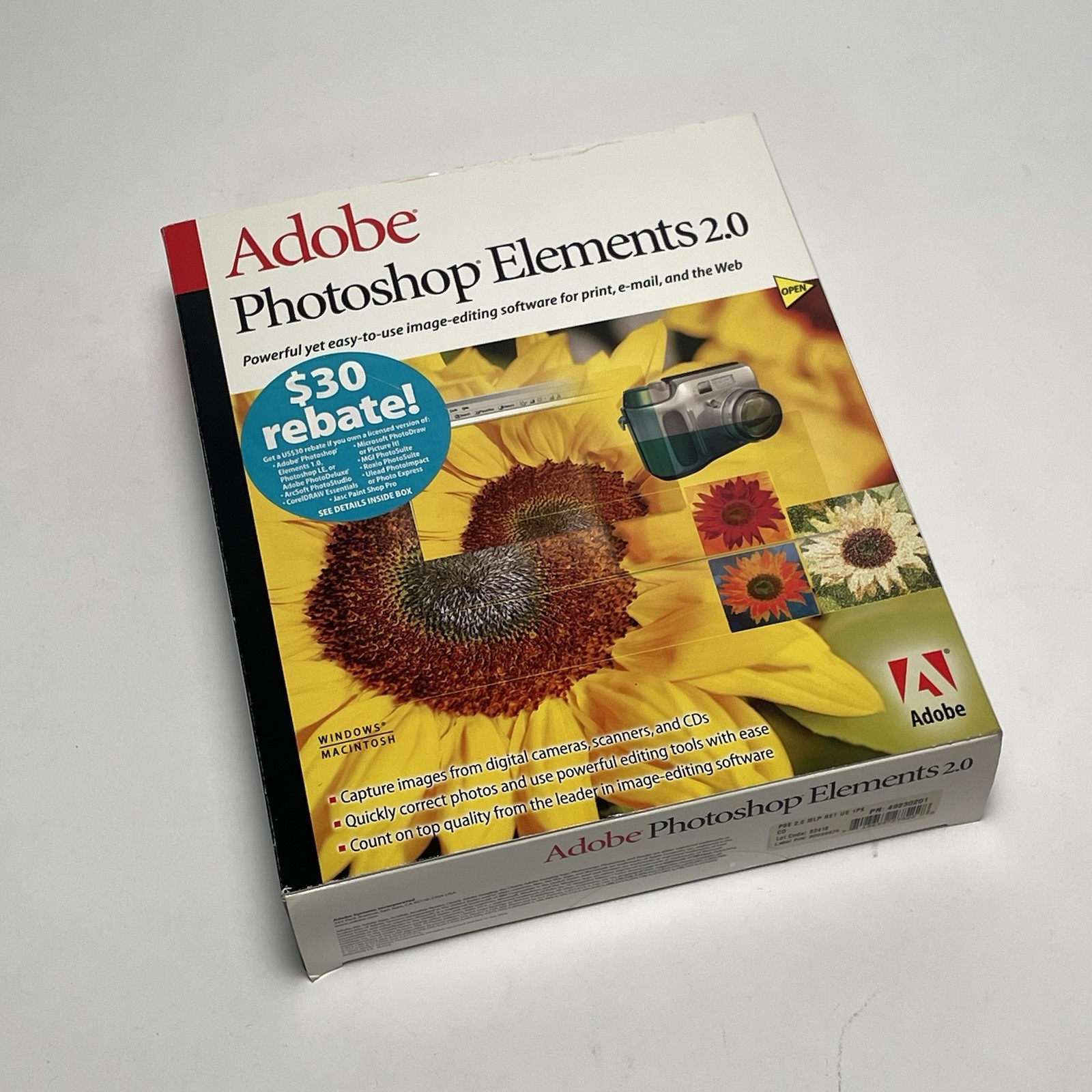 Adobe Photoshop Elements 2.0 Retail Box CD Manuals Win Mac Vintage Software Key
