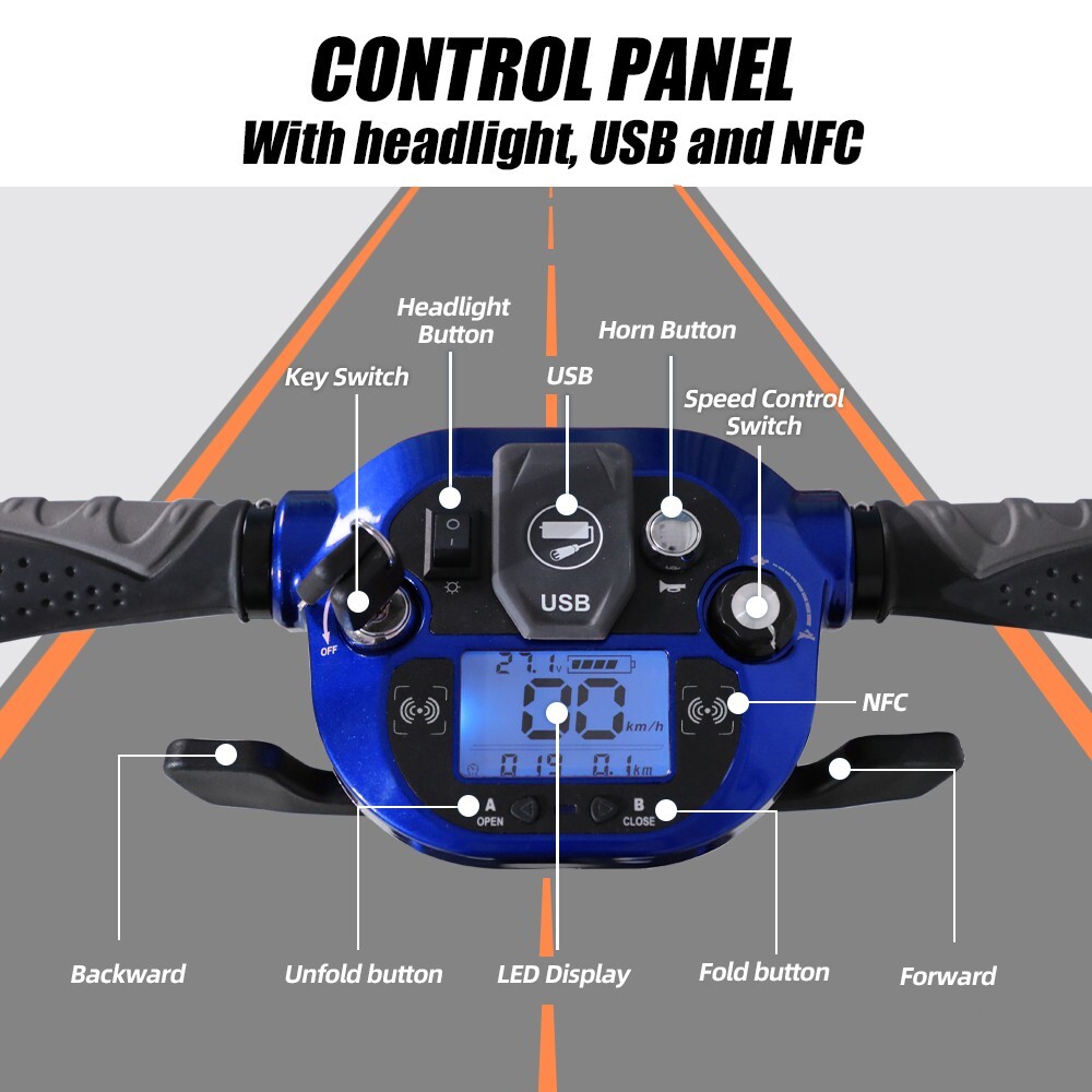 4-Wheel Remote Folding Mobility Scooter NFC USB Suspenion Super lightweight Blue