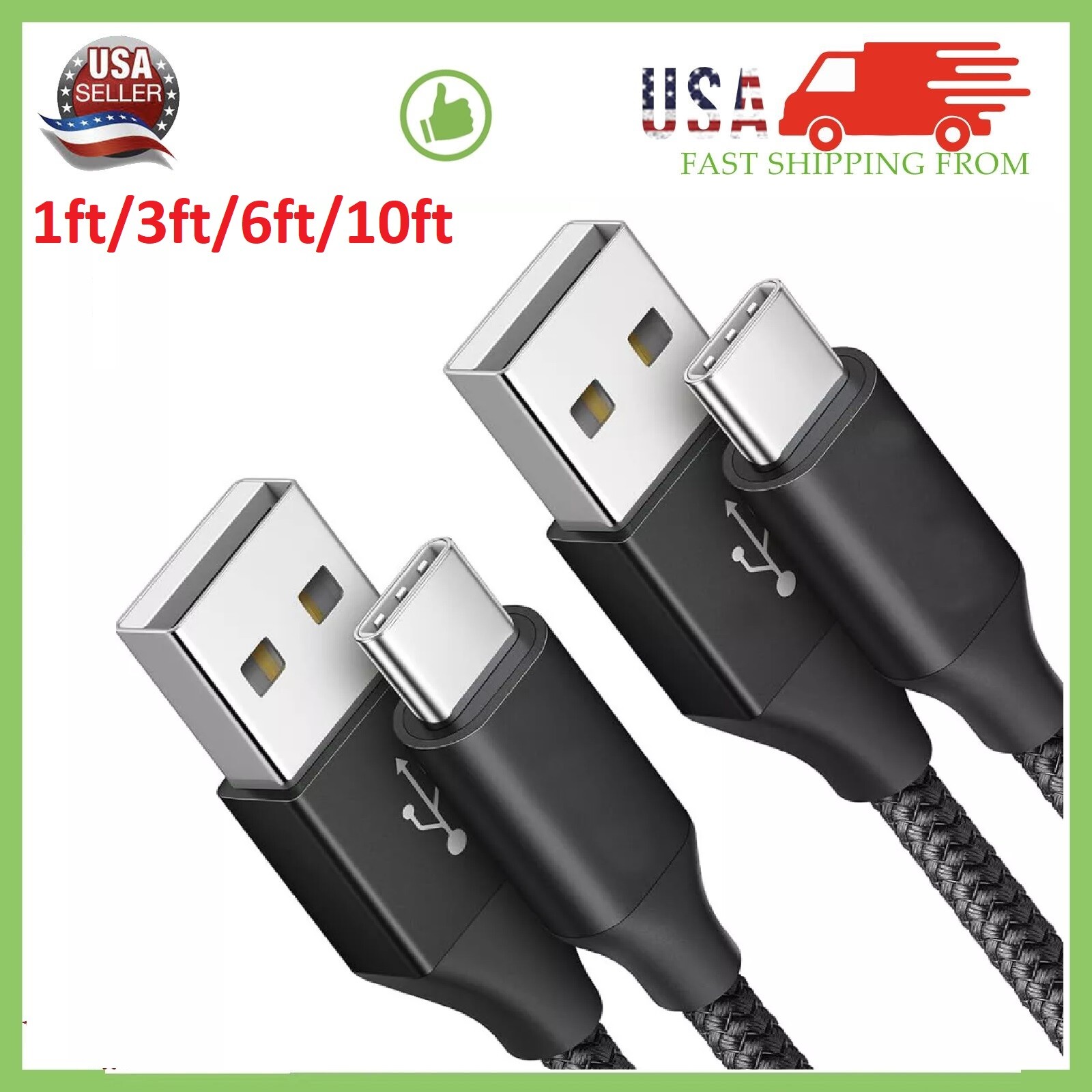 1/3 Pack 1/3/6/10Ft USB to Type-C Cable Fast Charger Charging Data Sync Cord LOT