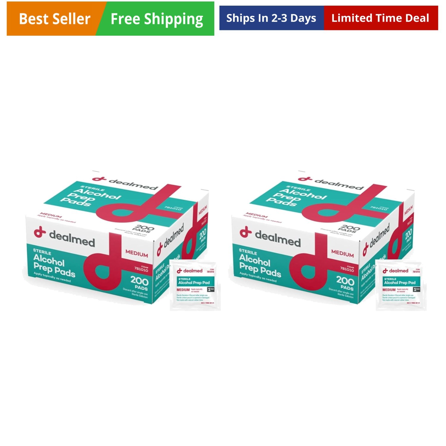 200 Sterile Alcohol Prep Pads Isopropyl Wipes Individually Wrapped Medium Squ...